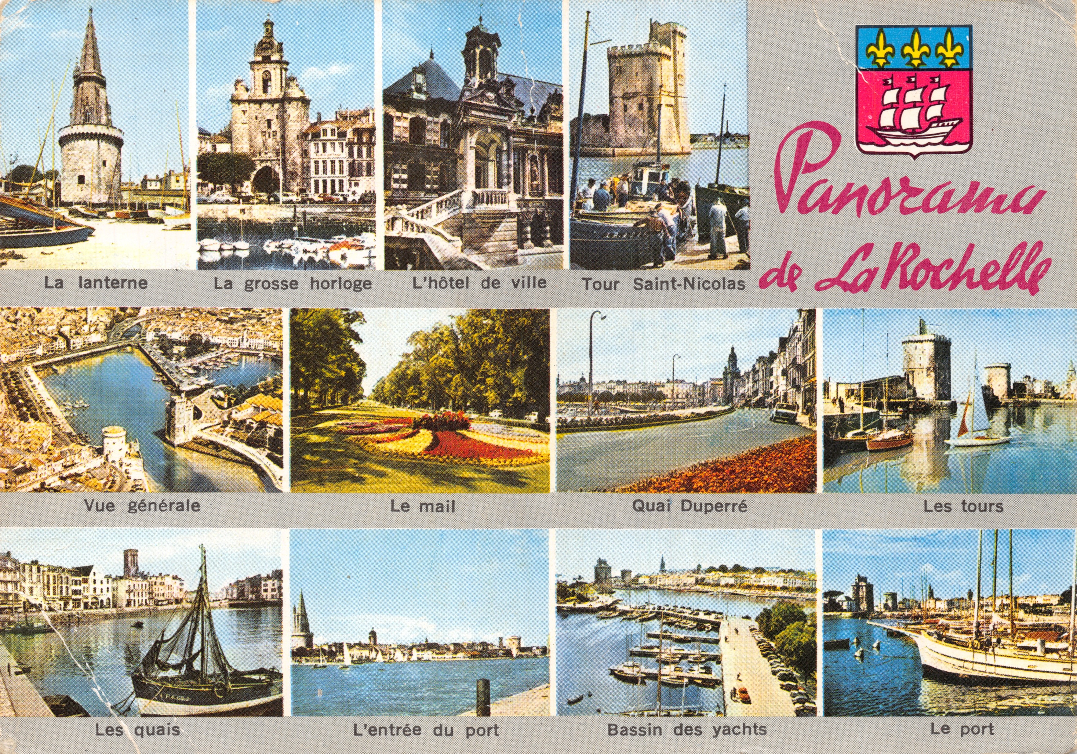Panorama de La Rochelle — vue de La lanterne, La grosse horloge, L'hôtel de ville, Tour Saint-Nicolas, Vue générale, Le mail, Quai Duperré, Les tours, Les quais, L'entrée du port, Bassin des yachts, Le port — Éditeur : Editions Modernes Théodiac