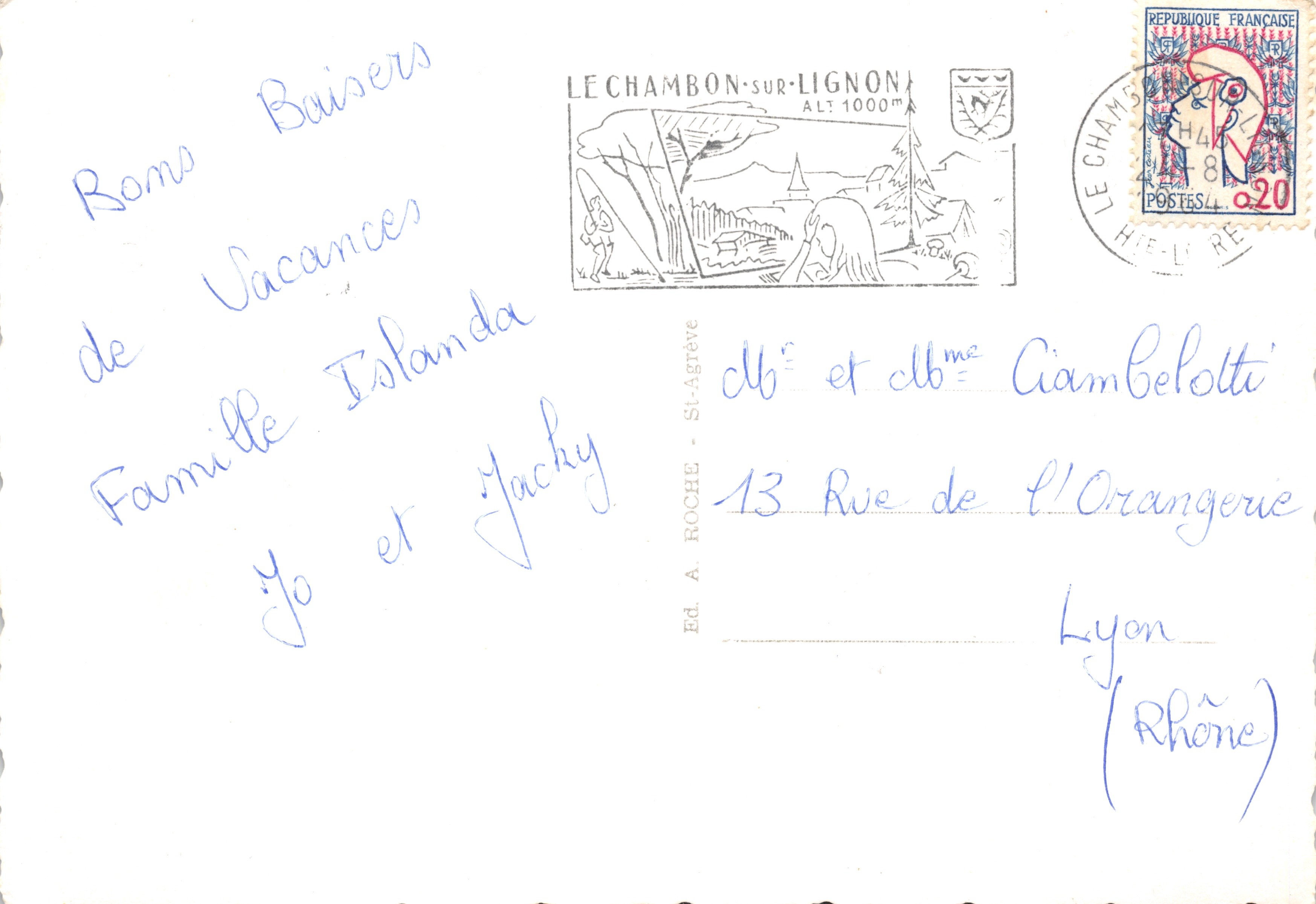 El Lignon entre Le Chambon y Lence — vista en color desde un árbol, editor Ed. A. Roche, n.º 1420 — Reverso
