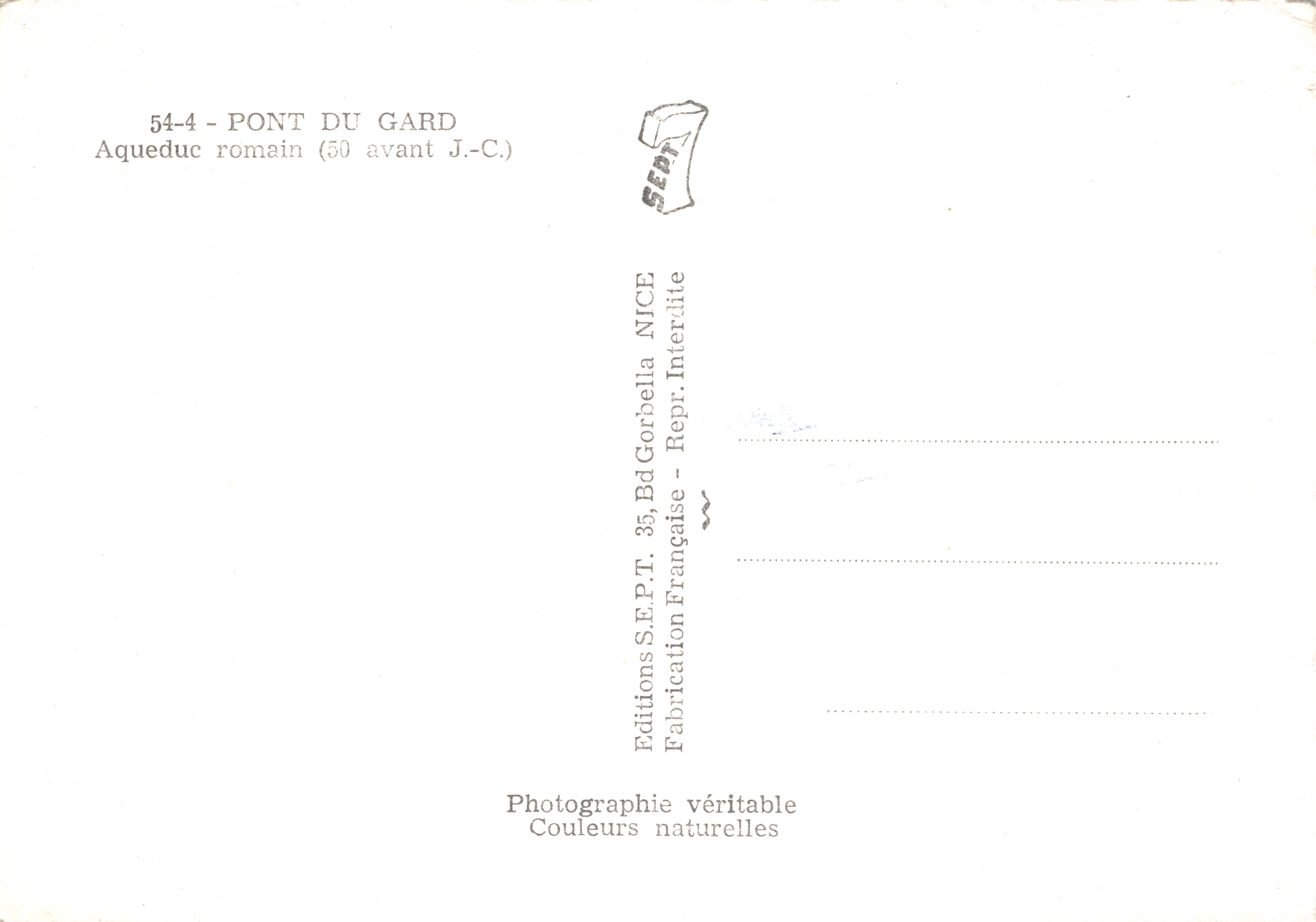 Pont du Gard — Romeinse aquaduct (50 v.C.) — Éditions S.E.P.T. NICE — Achterkant