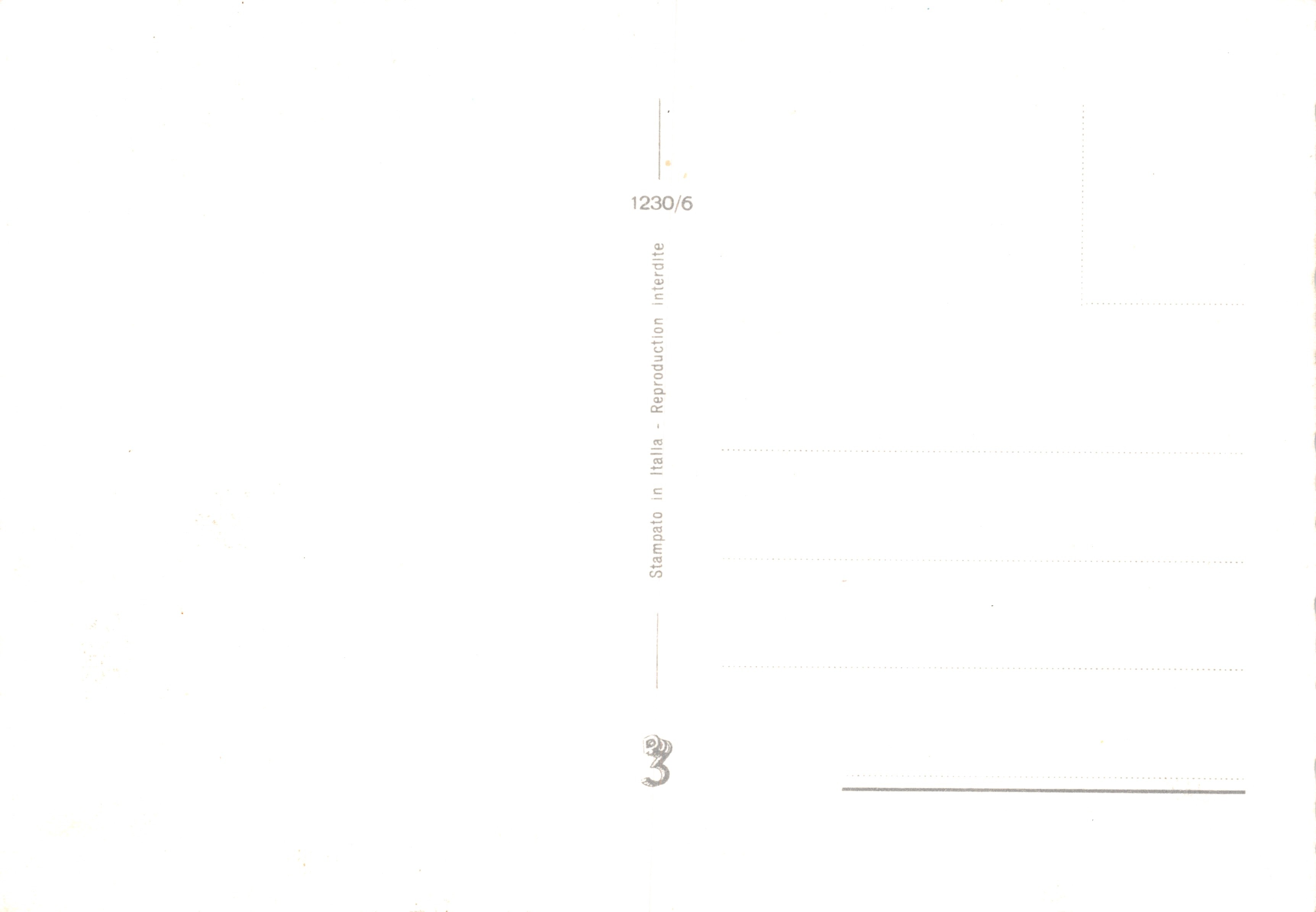 Intérieur de maison à Noël — cheminée en briques et sapin décoré — éditeur Stampato in Italia, n° 1230/6 — Verso