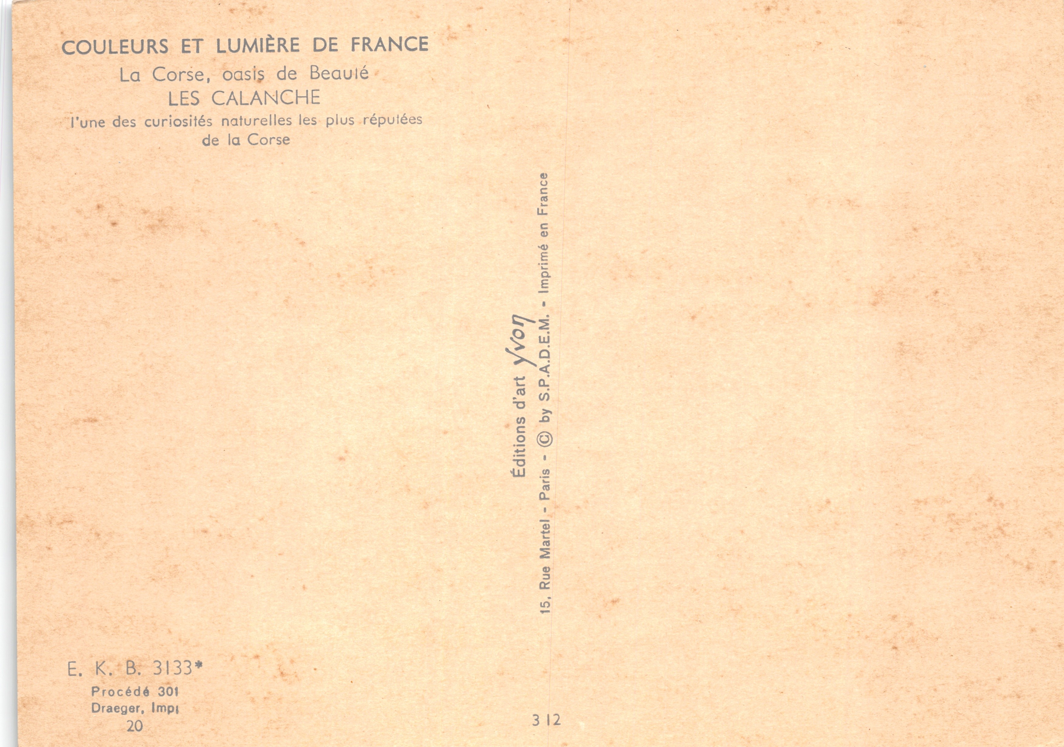 Le Calanche — Curiosità naturale della Corsica — Éditions d'art Yvon — Verso