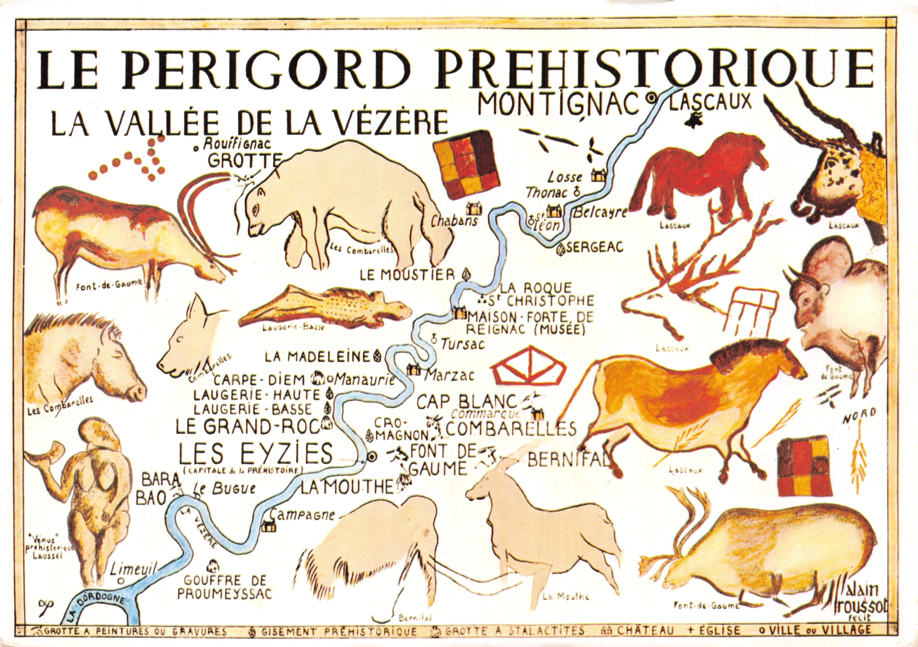 Le Périgord Préhistorique — Carte illustrée des grottes et sites préhistoriques de la vallée de la Vézère — éditeur RENÉ MASSAC-S-L'ISLE
