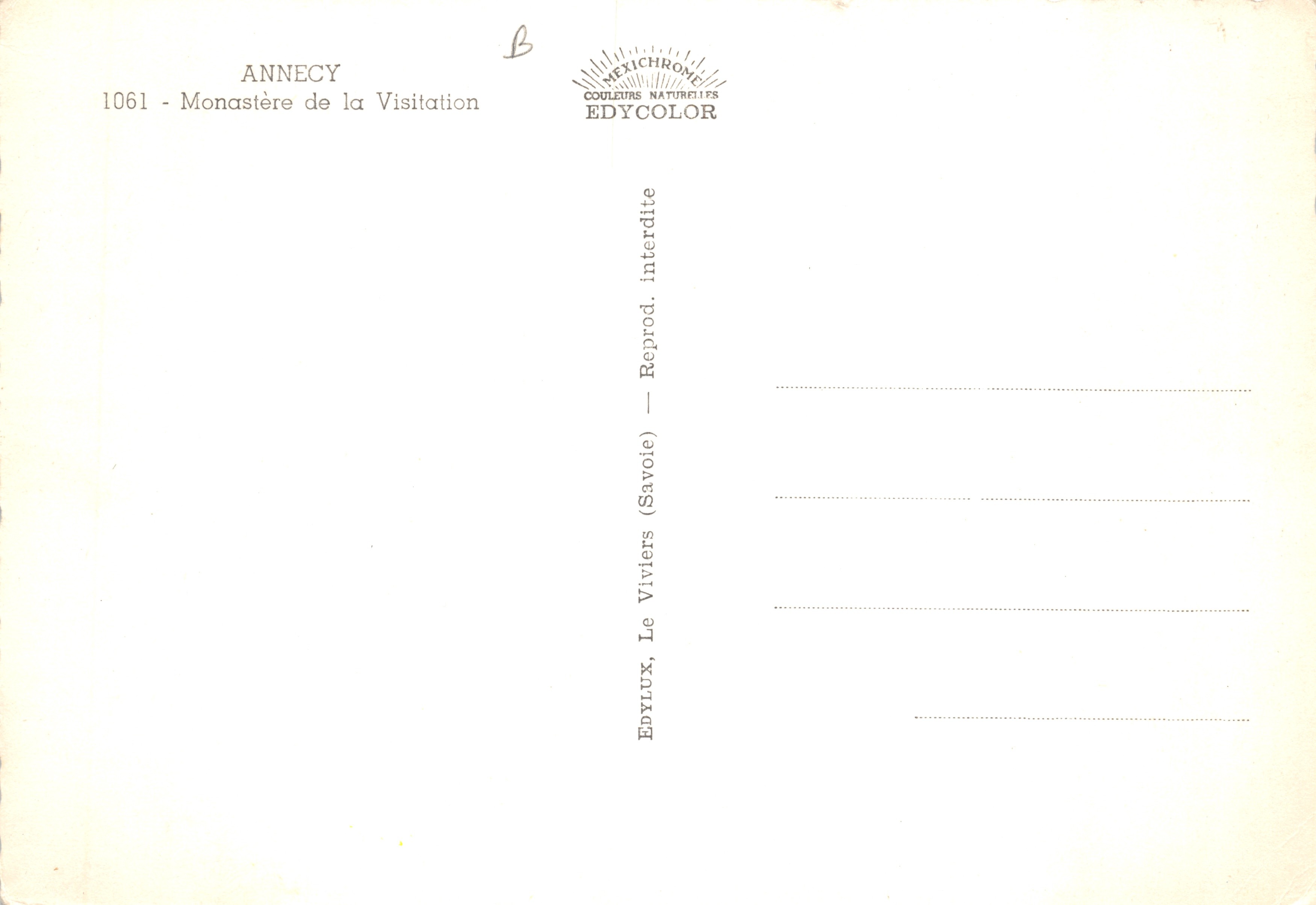 Monasterio de la Visitación — Annecy (Savoie) — Editor Edy — Reverso