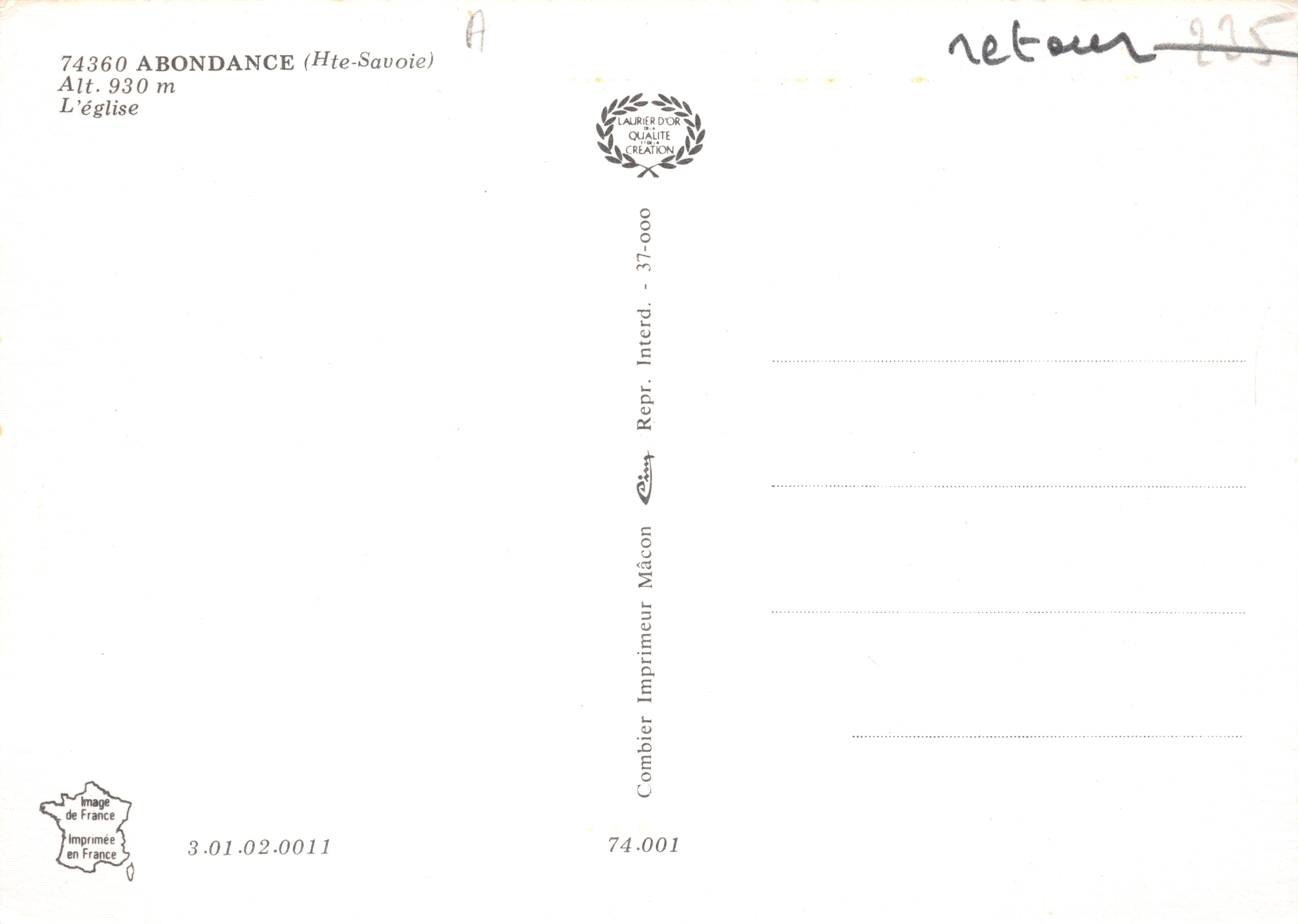 Abondance (Hte-Savoie) — église enneigée au pied des montagnes — Imprimeur Combier Mâcon — Achterkant