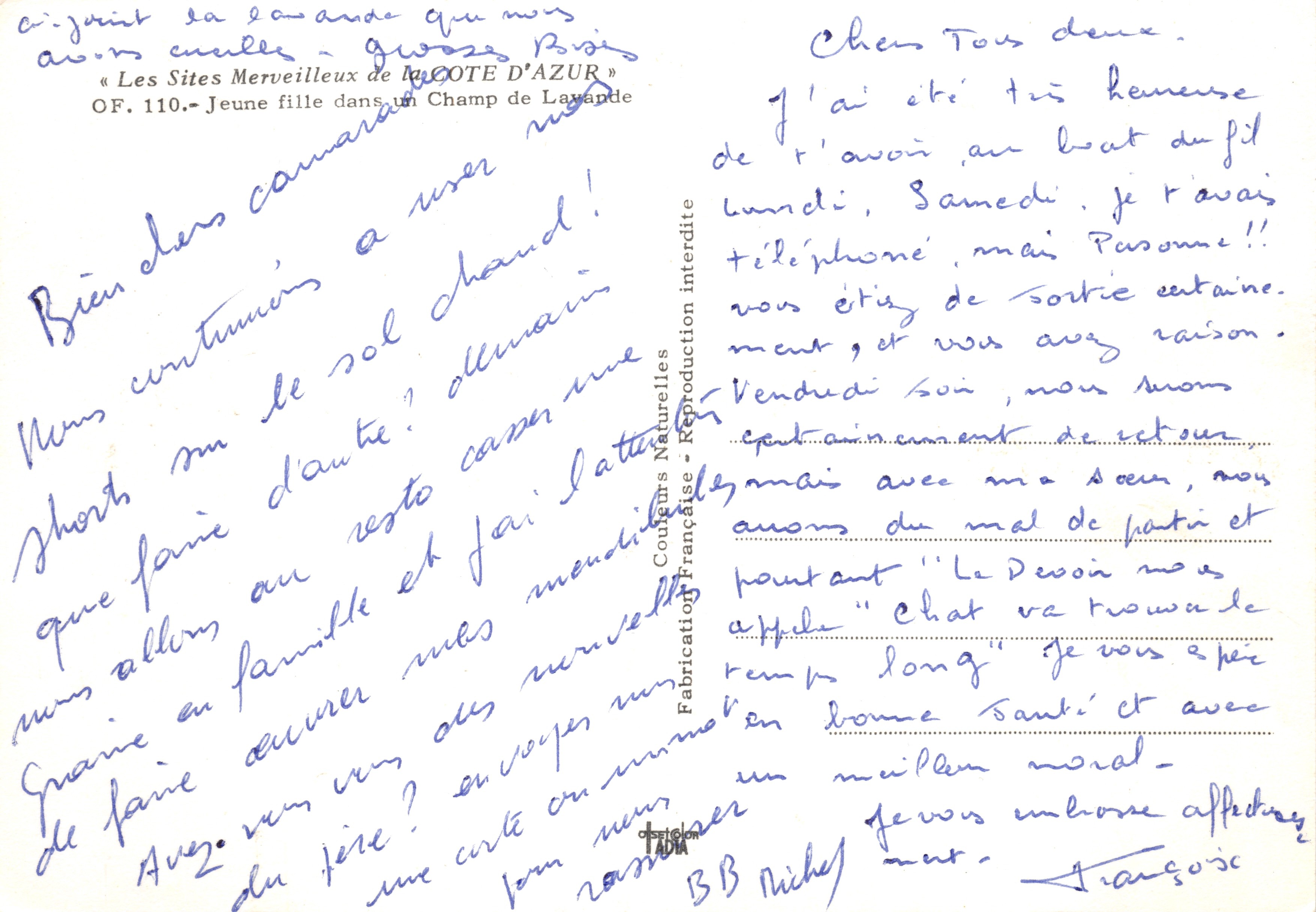 Joven mujer en un campo de lavanda — « Los Sitios Maravillosos de la COTE D'AZUR » Tarjeta postal moderna 110 — Editor: Coupures Naturelles — Reverso