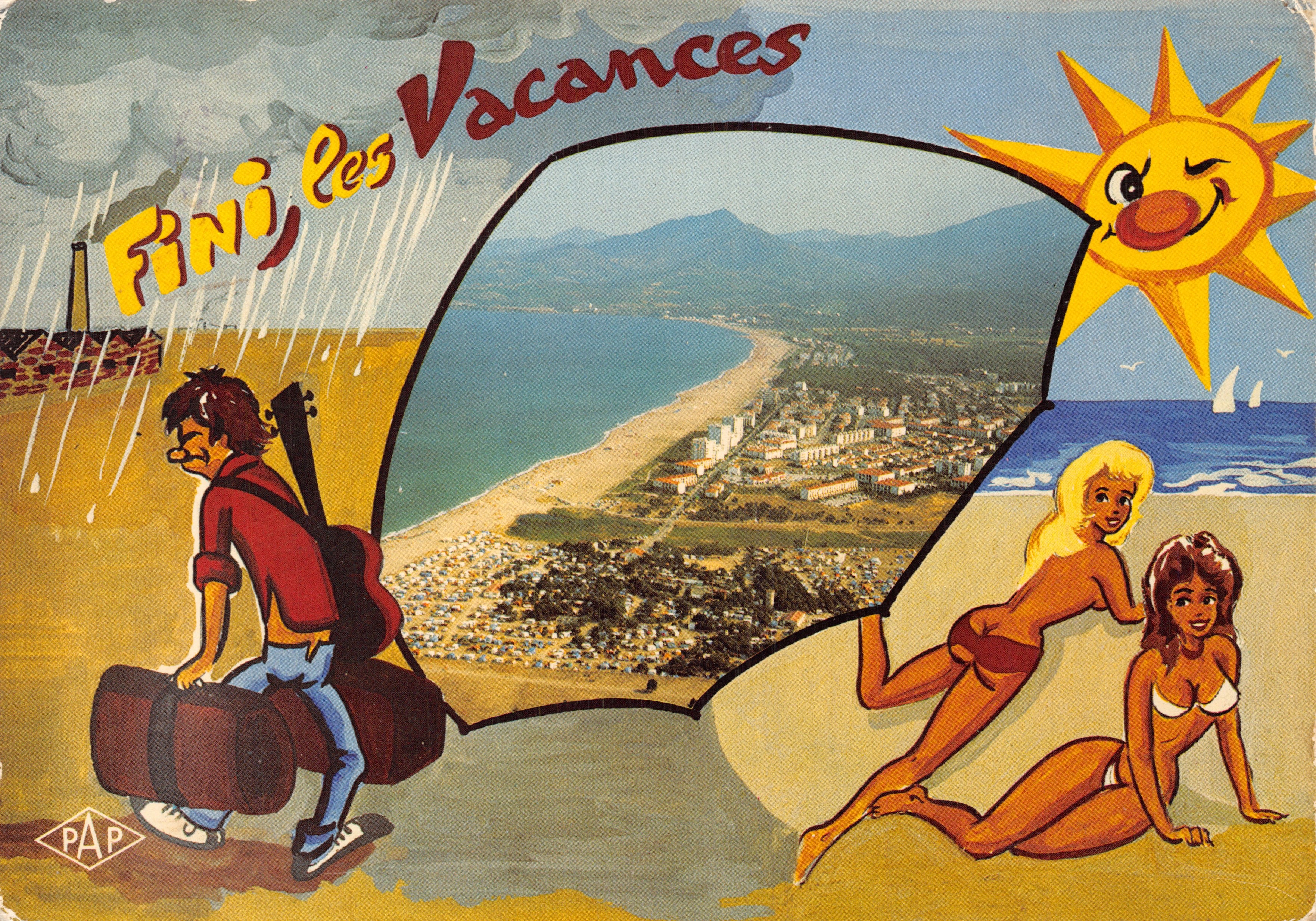 Fine delle Vacanze — scena di spiaggia e pioggia — editore PAP
