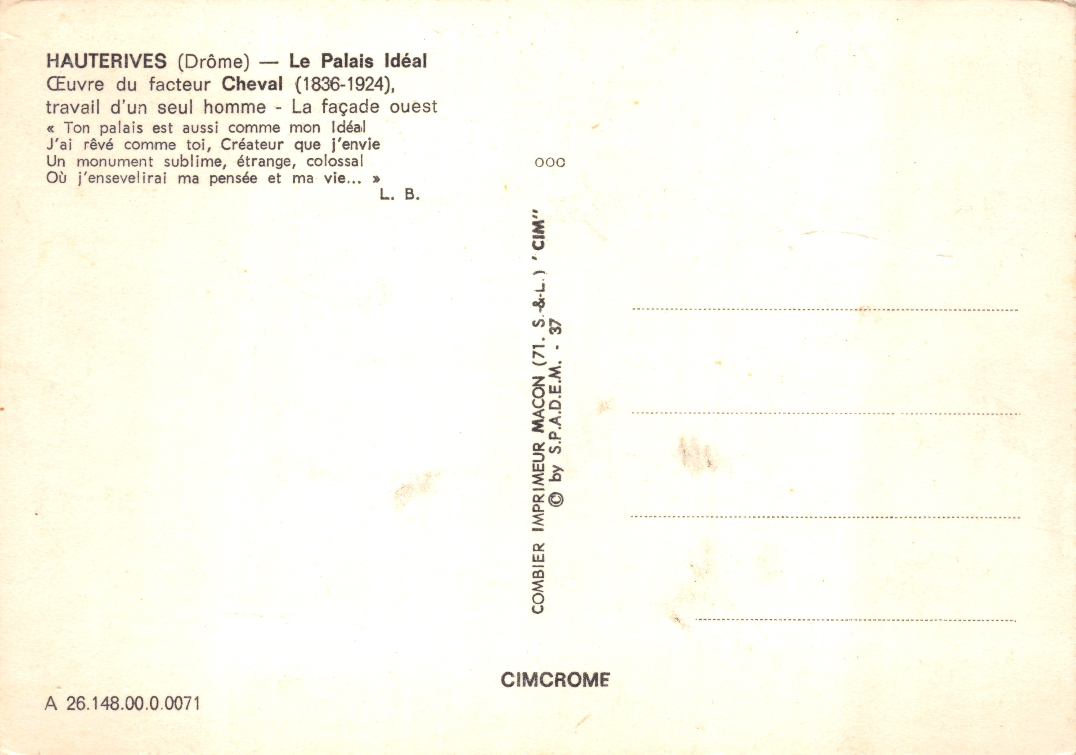 Haüterives (Drôme) — El Palacio Ideal — obra del cartero Cheval (1836-1924) — editor CIMCROME — Reverso