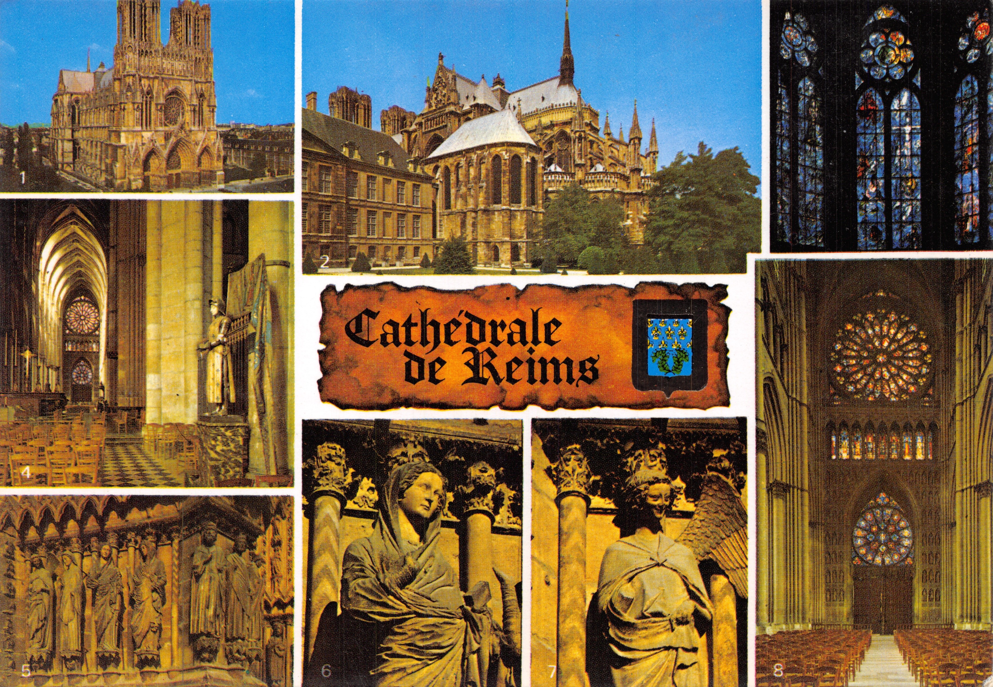 Cathédrale de Reims — vue d'ensemble, vitraux, intérieur et statues — éditeur MAGE