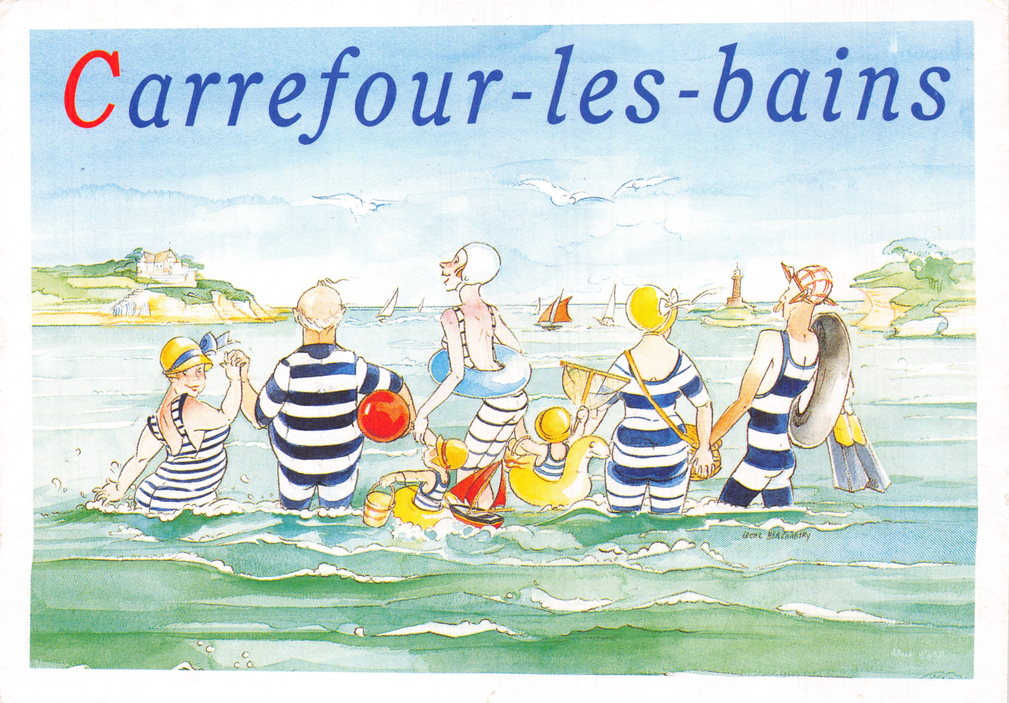 Carrefour-les-bains — zeebadscene — uitgever F.C.A. PRINT