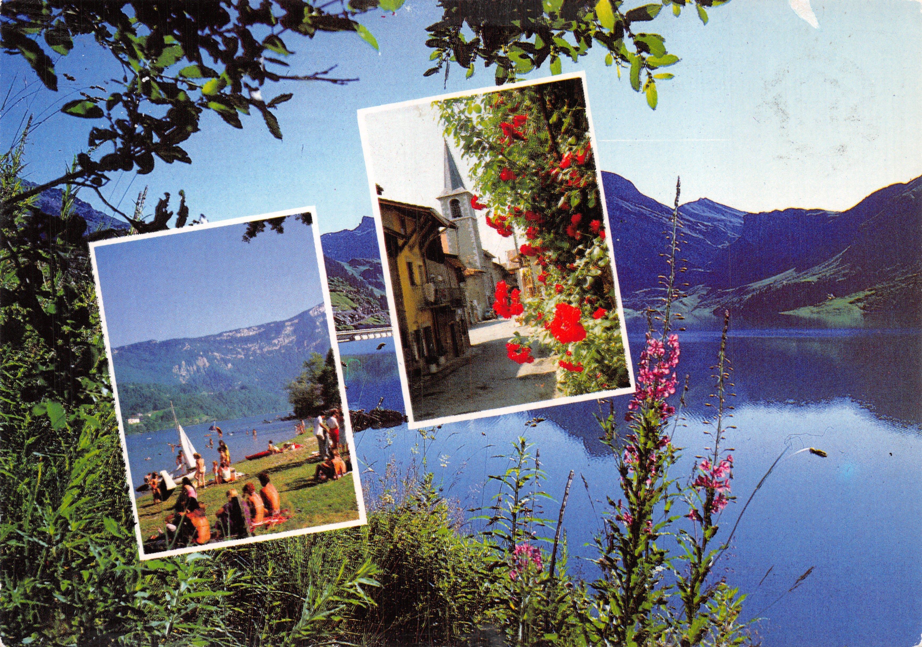 Lac d'Annecy — panoramische uitzicht met dorp en badende mensen — uitgever S.E.C.A. Chambray