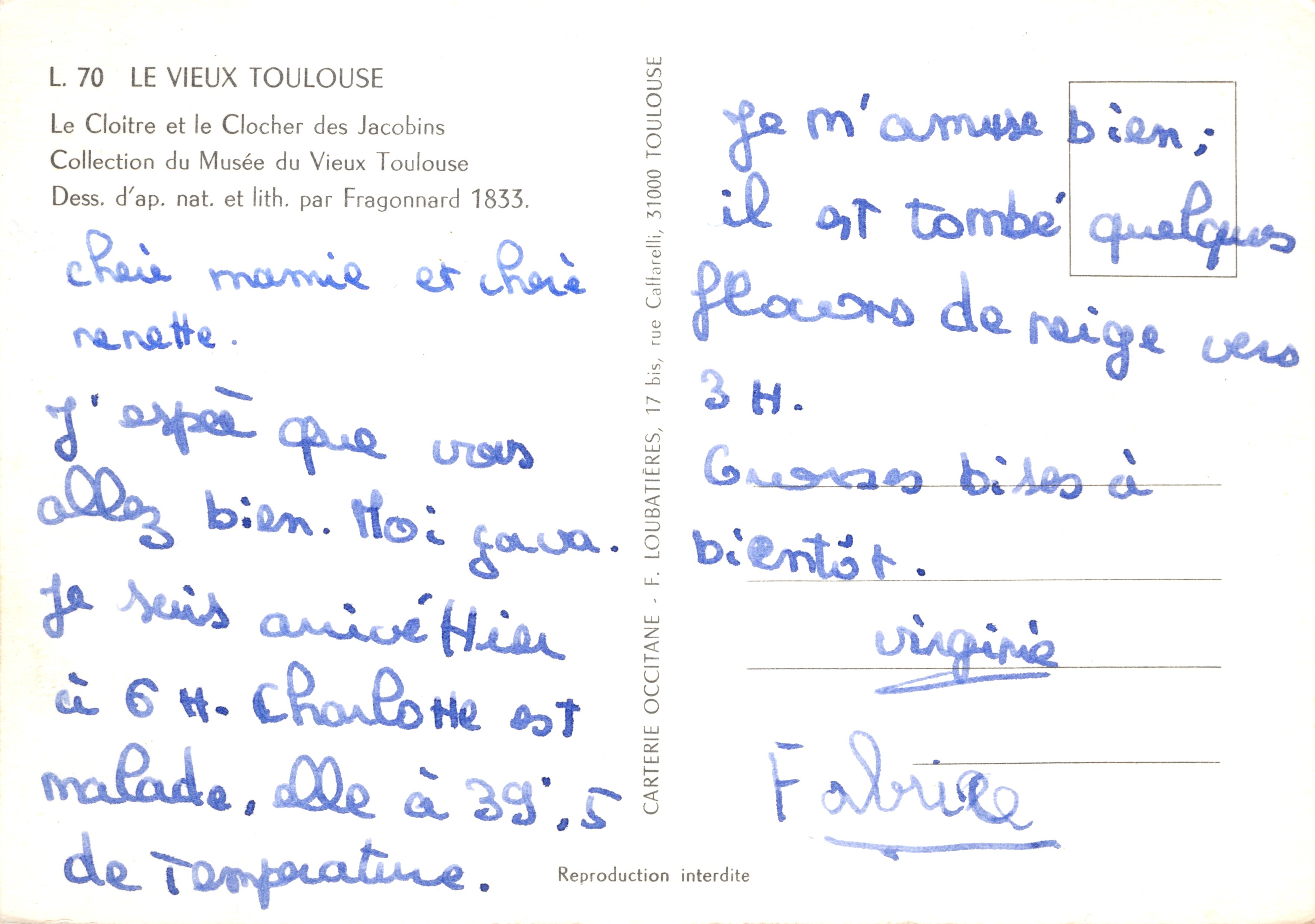 Le Cloître et le Clocher des Jacobins — vue du cloître avec arcade et clocher gothique — éditeur : Carterie Occitane — Verso