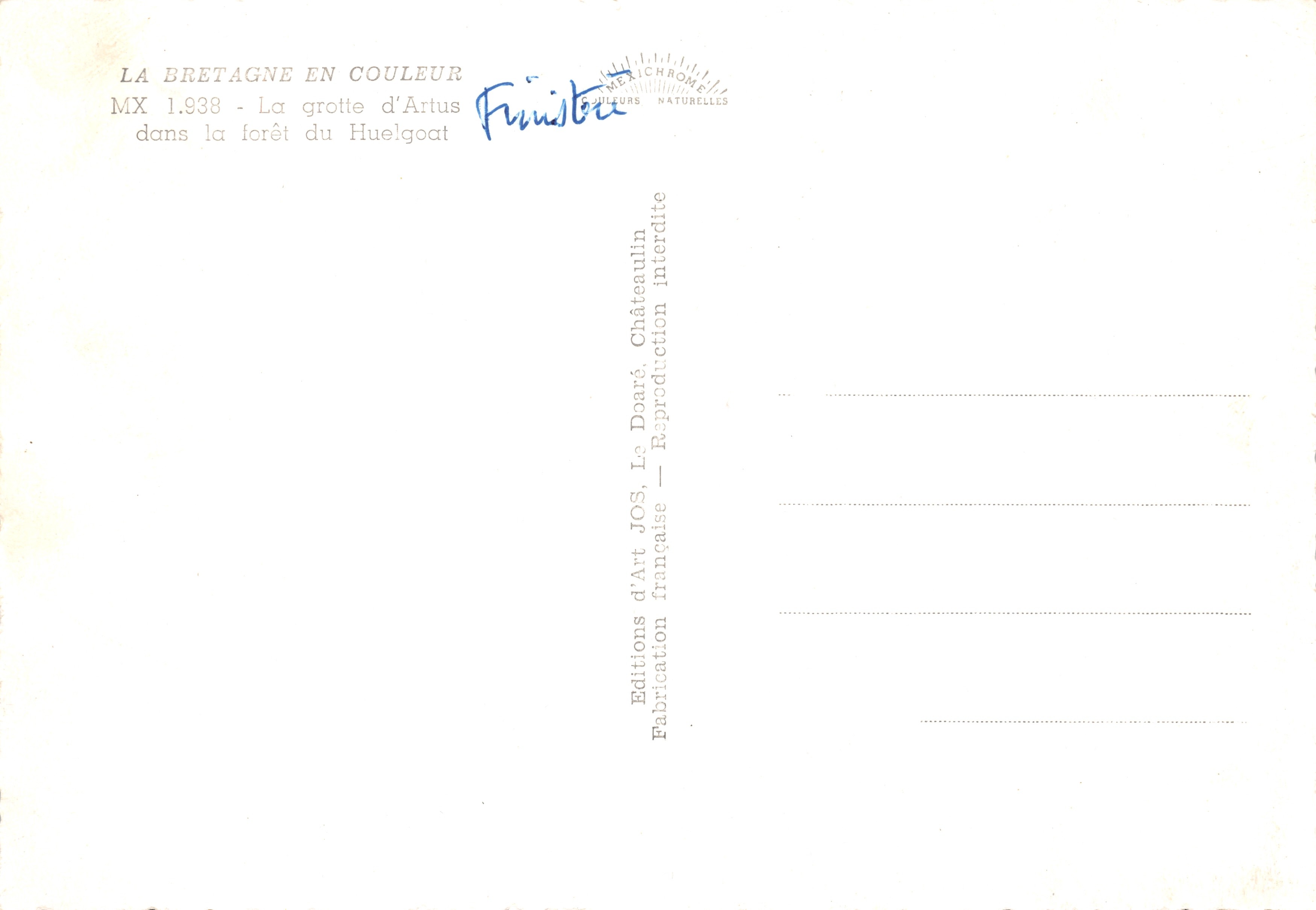 Grotta d'Artus — nella foresta di Huelgoat — Editions d'Art Jos, Châteaulin — Verso