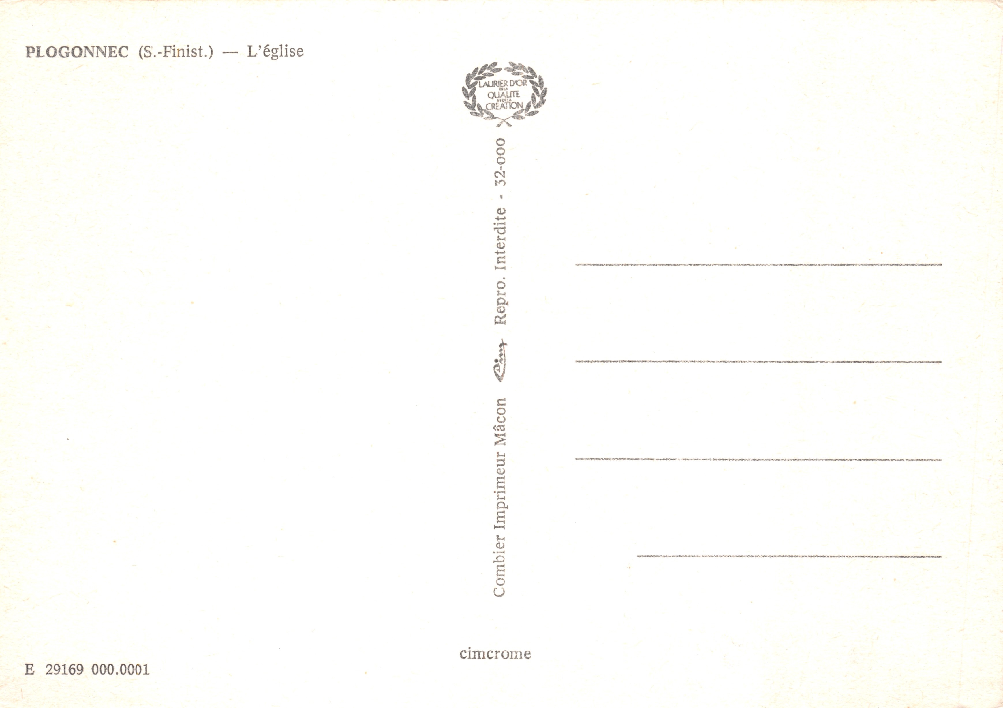 Plogonnec — Kirche — Verleger Combier aus Mâcon — Rückseite