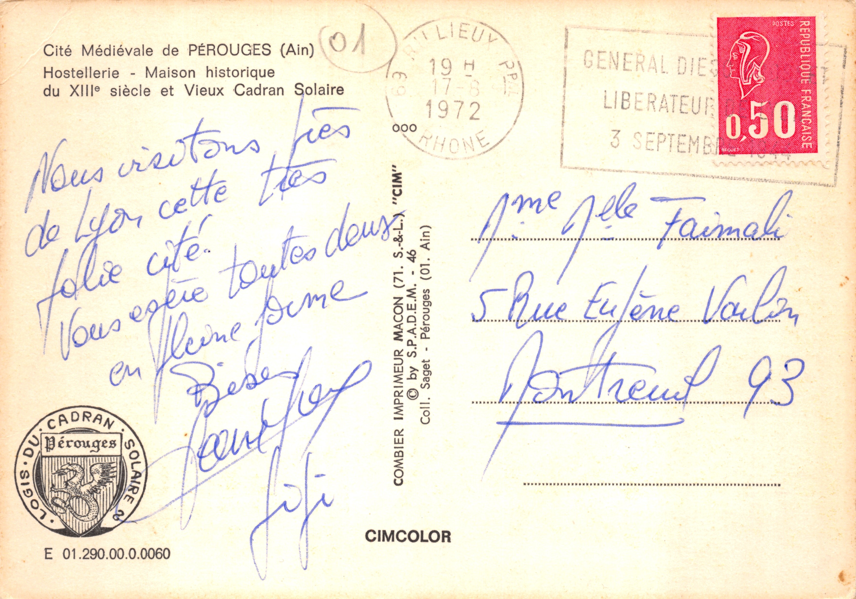 Pérouges (Ain) — Città Medievale — Ospitalità del XIII secolo e Antico Quadrante Solare, edito da S.P.A.D.E.M. (71, S.&L.) — Verso