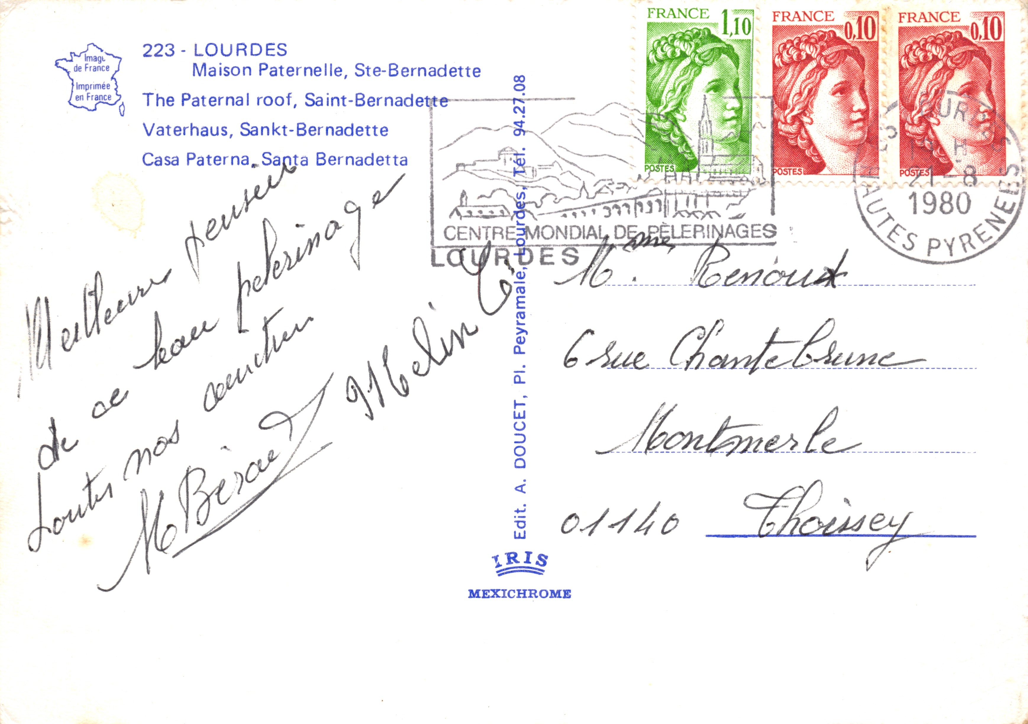 Lourdes — Maison Paternelle de Sainte Bernadette et Sainte Bernadette Soubirous — Édit. A. Doucet, Lourdes — Verso