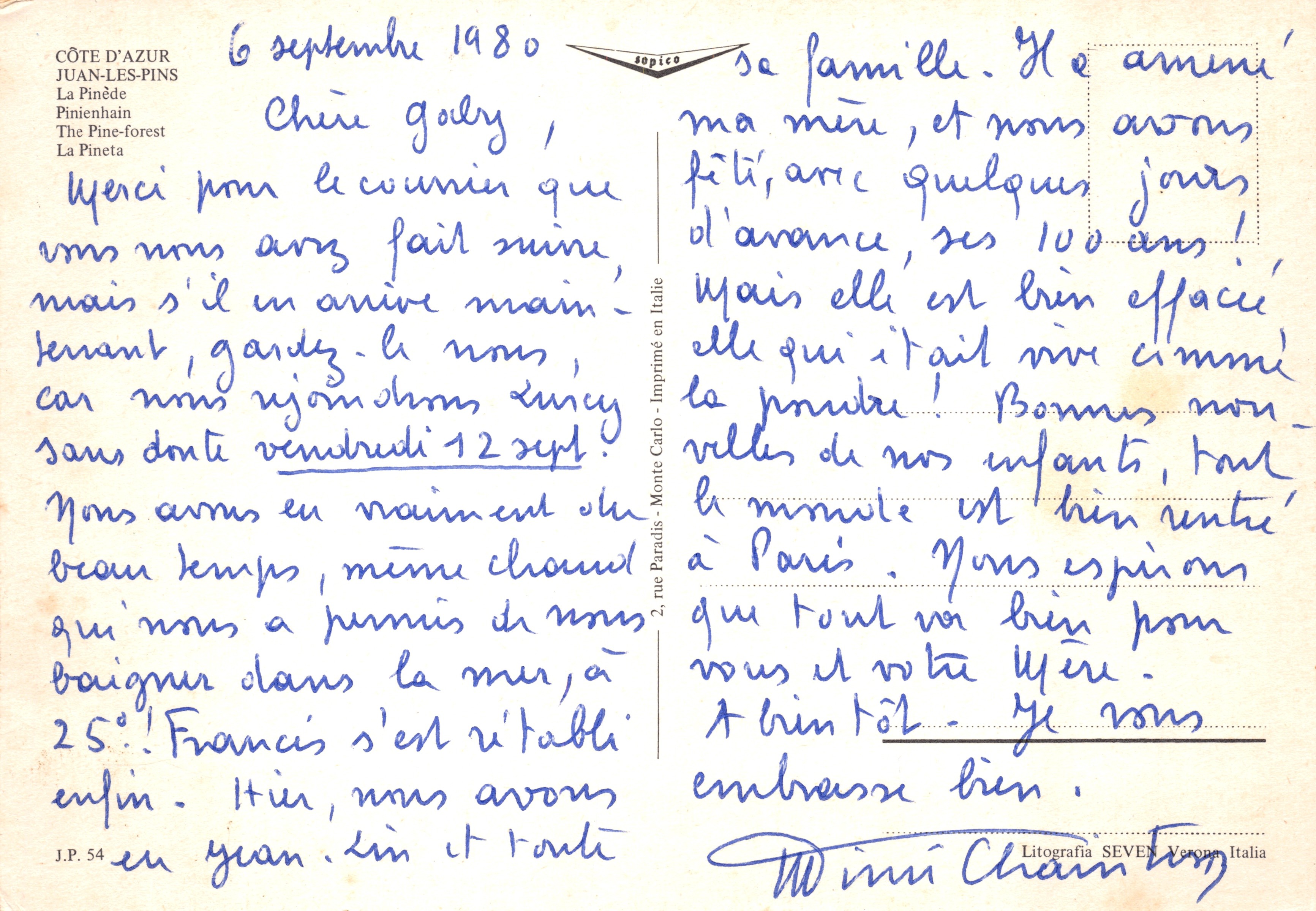 Il Pino - JUAN-LES-PINS — vista del parco con pini e fiori — editore Sopico — Verso