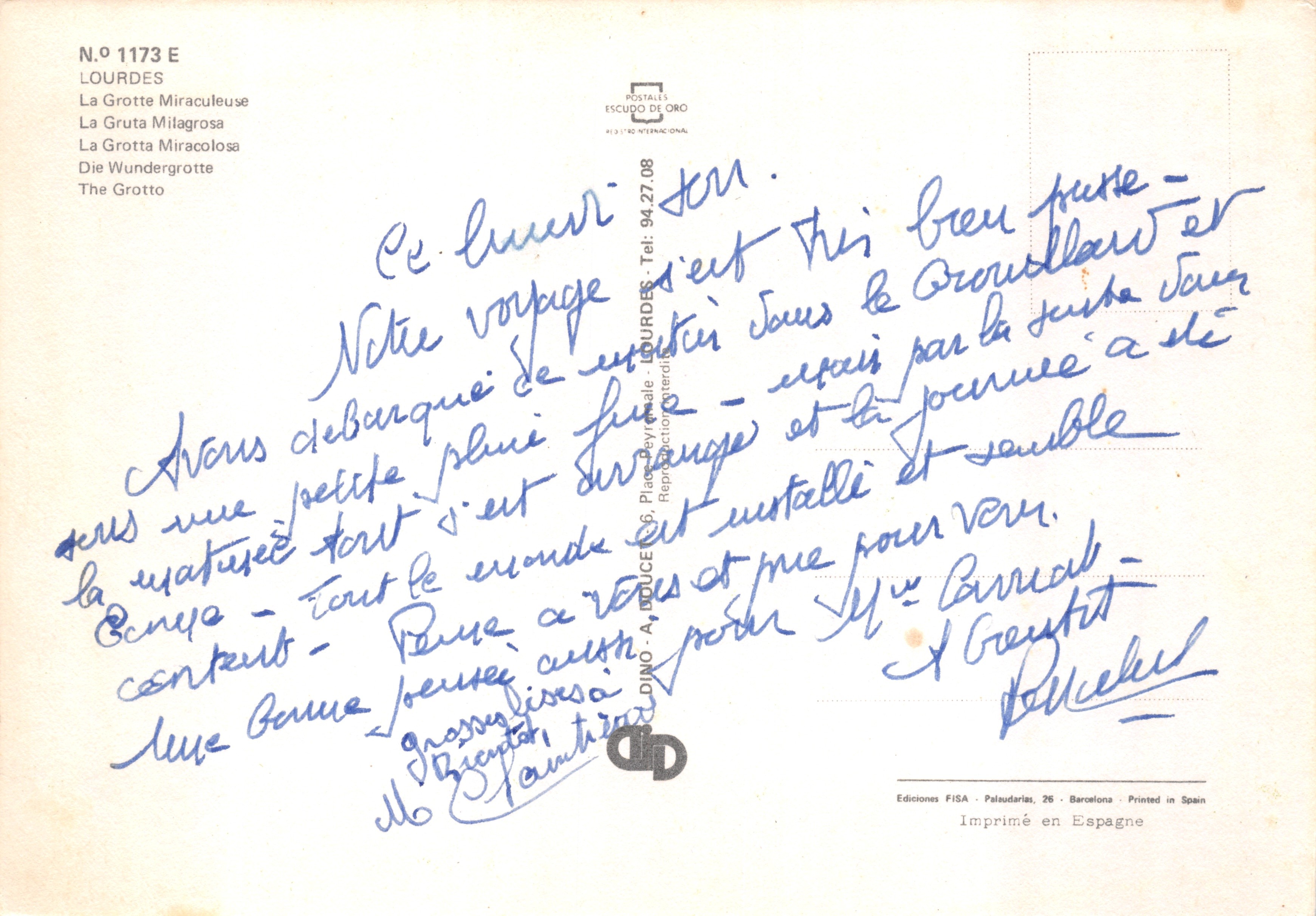 Lourdes — Grotte Miraculeuse — Éditeur ESCUDO DE ORO, n° 1173 E — Verso