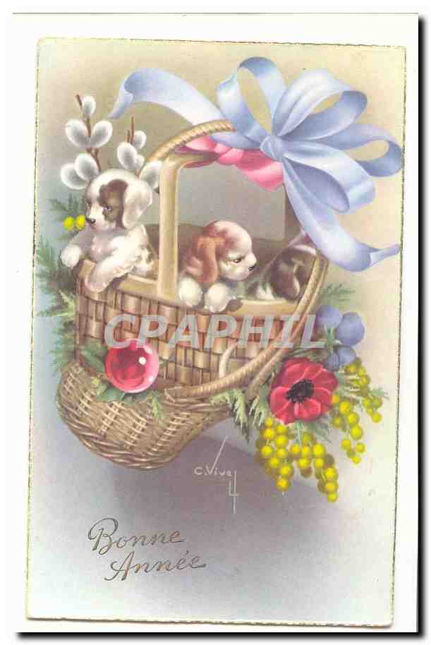 CPA FAntaisie Bonne annee (fleurs chiots cheins)