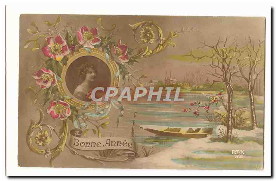 Bonne Année — paysage hivernal avec barque — REX 785