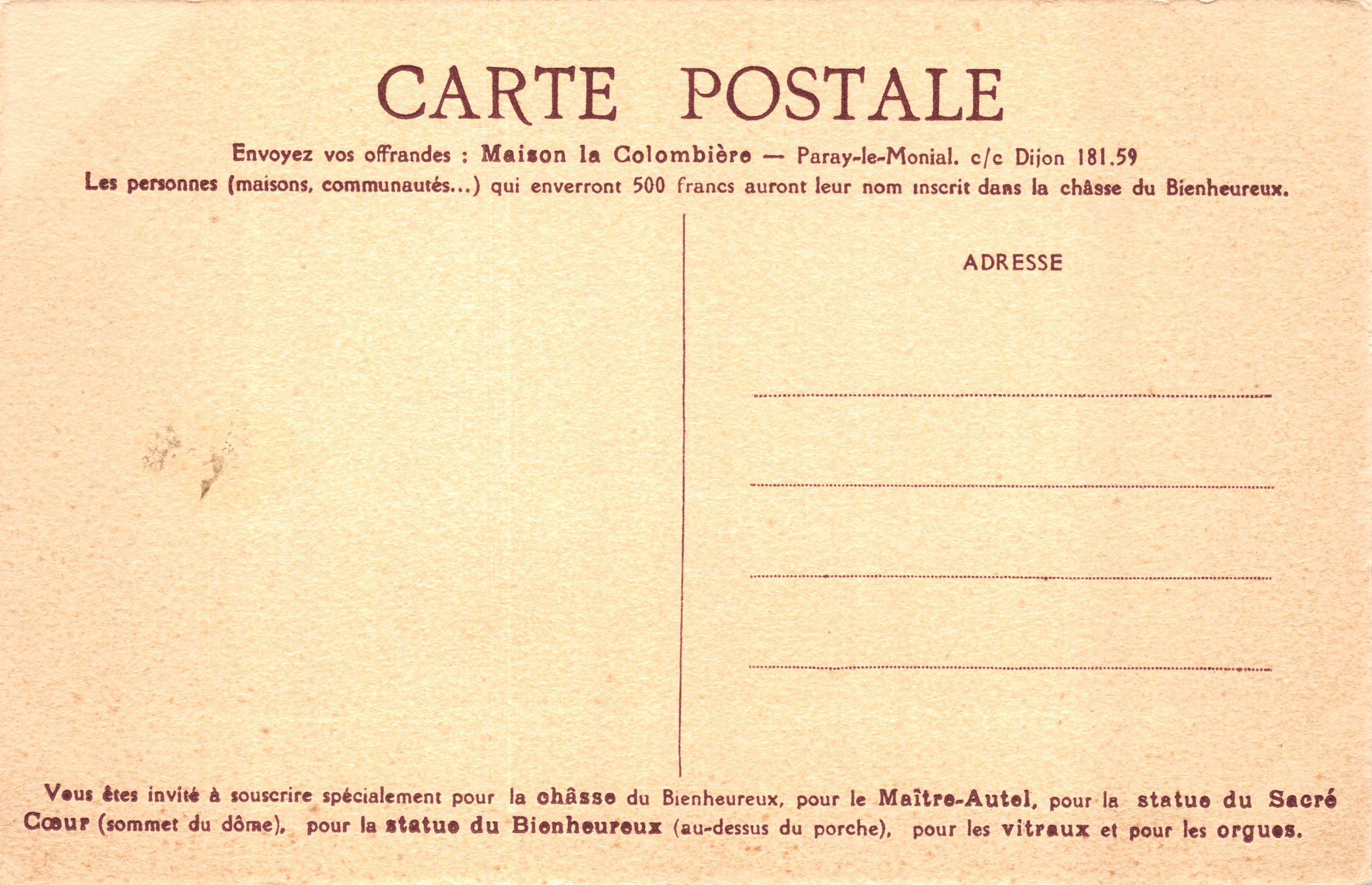 Kapelle van Paray-le-Monial — uitgeverij: Maison Colombière, c/c Dijon 181.59 — Achterkant