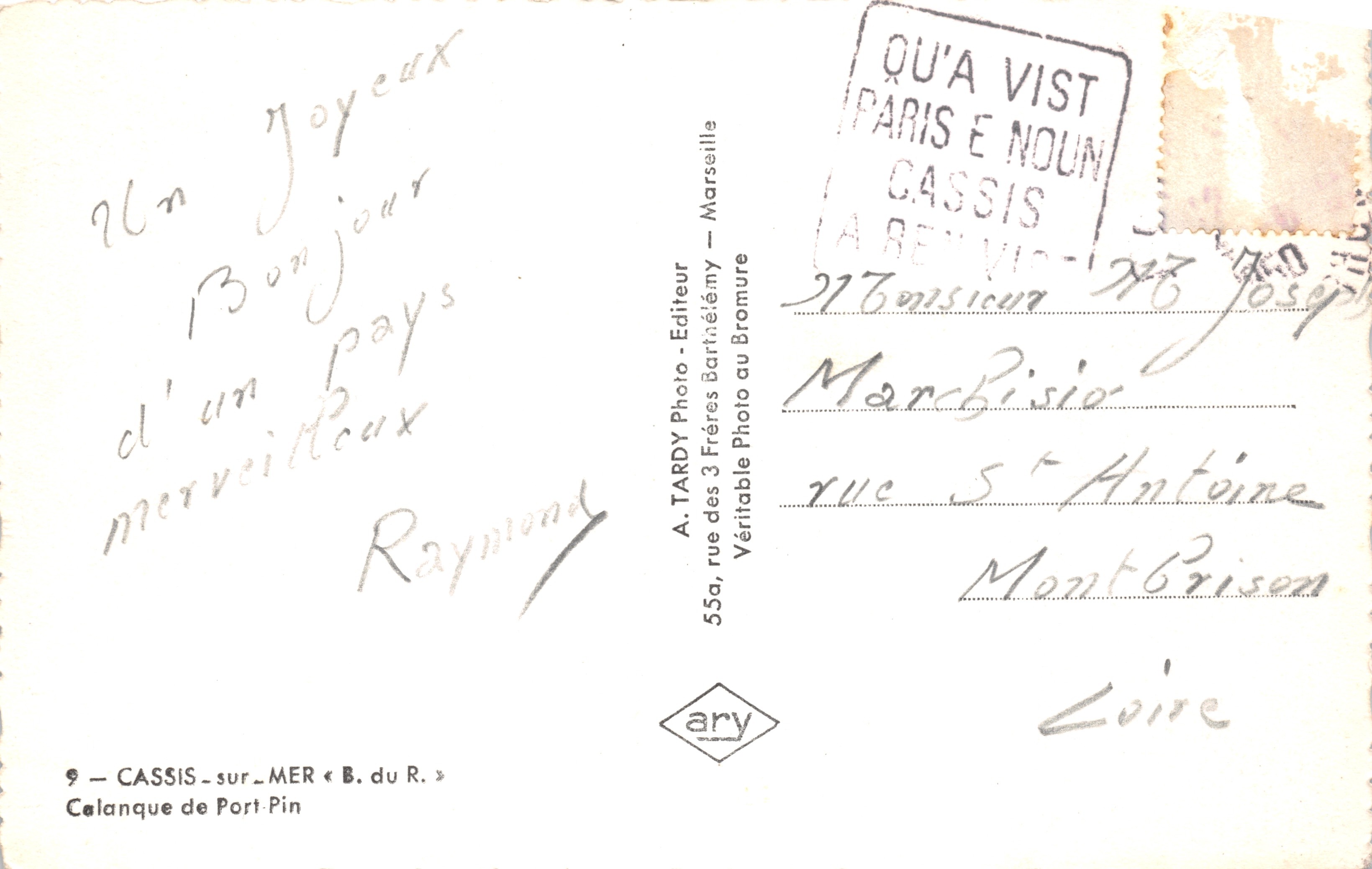 Cassiss-sur-Mer — Calanque de Port-Pin — A. TARDY Foto - Uitgever — Achterkant