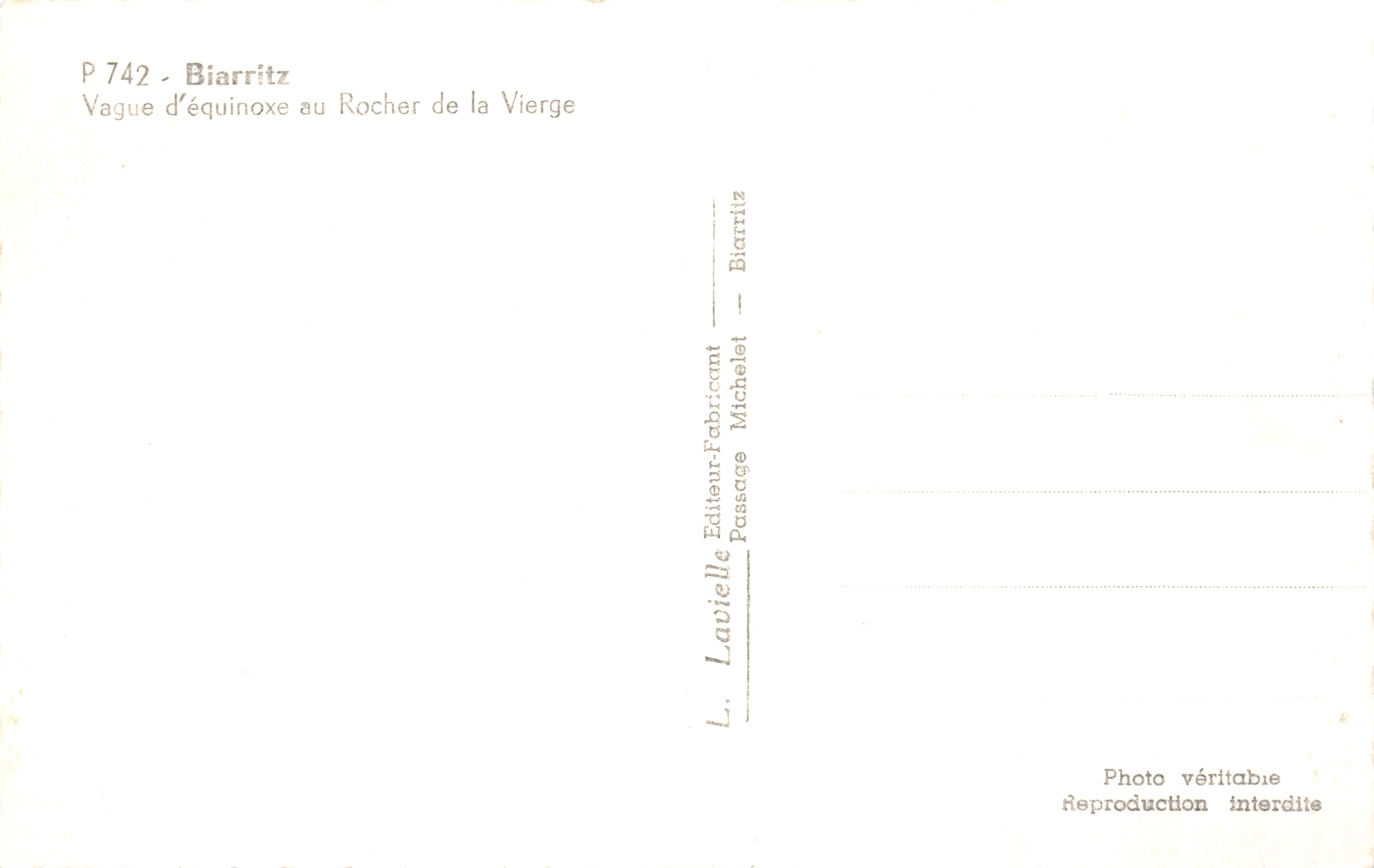 Biarritz - Ola de equinoccio en la Roca de la Virgen — L. Lavielle, editor — Reverso