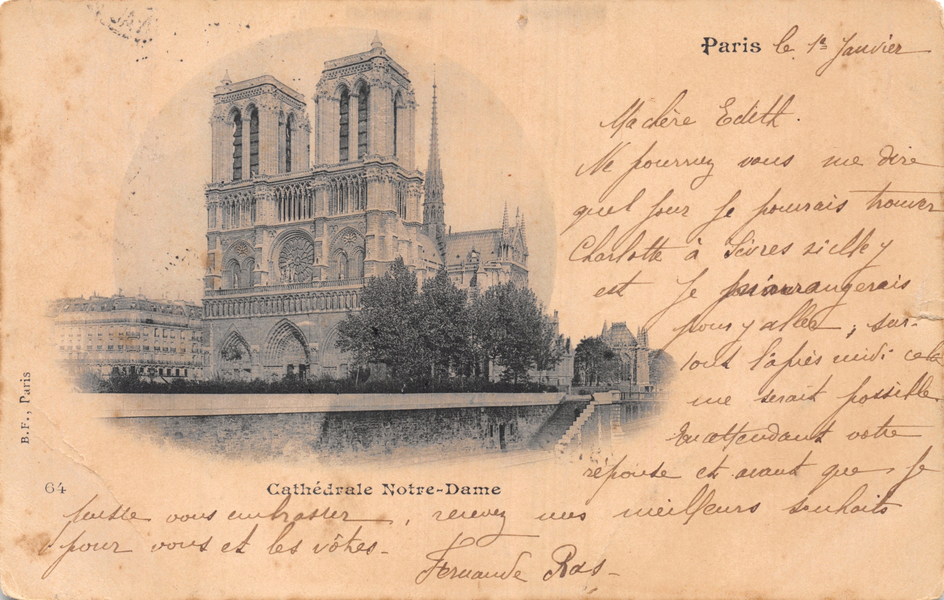 Katedra Notre-Dame — widok fasady i rzeki — wydawca B.F., Paryż, n° 64