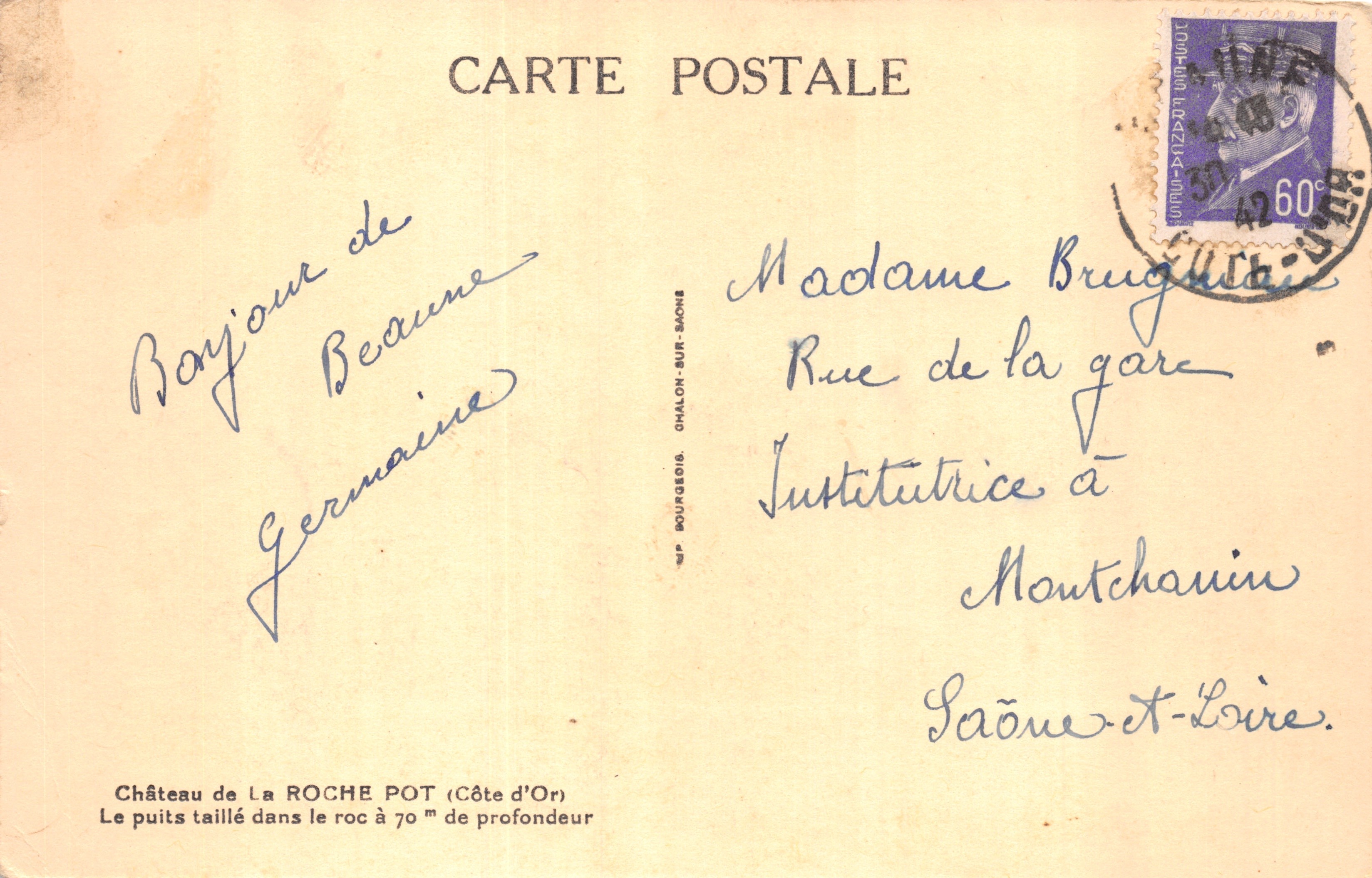 Château de La ROCHE POT — Het putje uitgehakt in de rots op 70 meter diepte — Gedrukt door BOURGEOIS, CHALON-SUR-SAÔNE — Achterkant