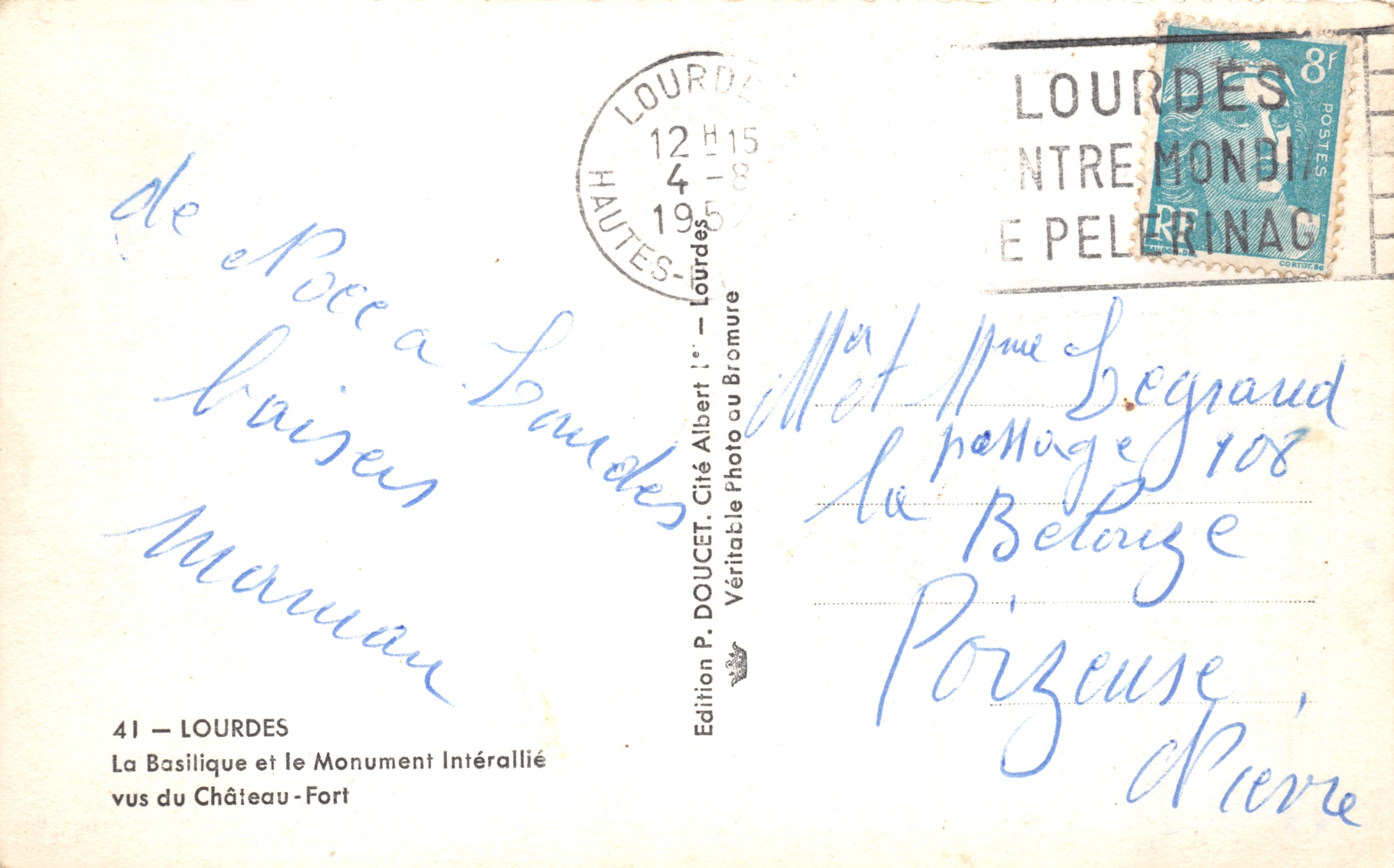 Lourdes — La Basilica e il Monumento Intérallié visti dal Castello-Fortezza — Edizione P. DOUCET — Verso