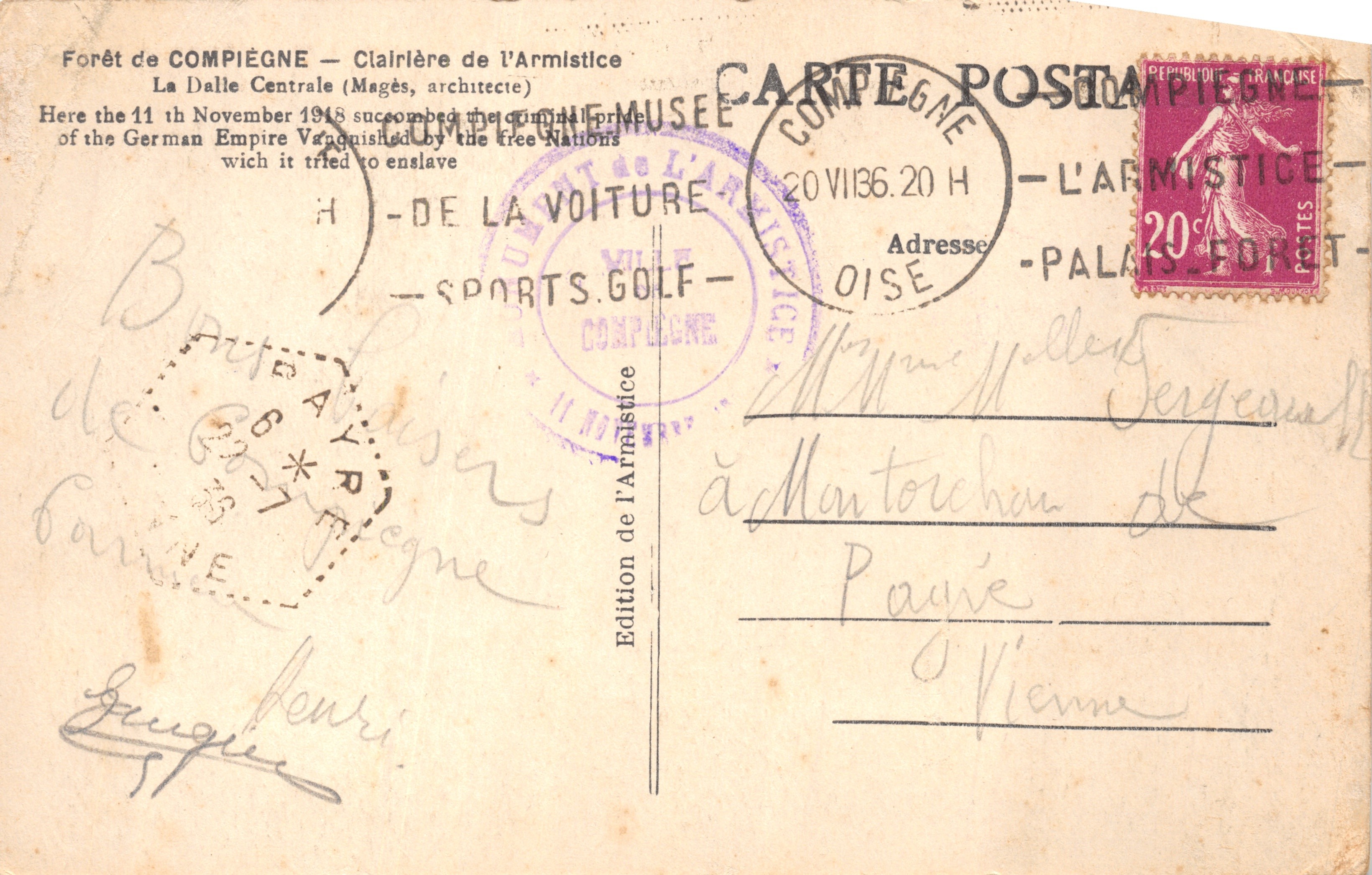 Woud van Compiègne — De Clairière van de Wapenstilstand — Centrale Plaat — Uitgave van de Wapenstilstand — Achterkant
