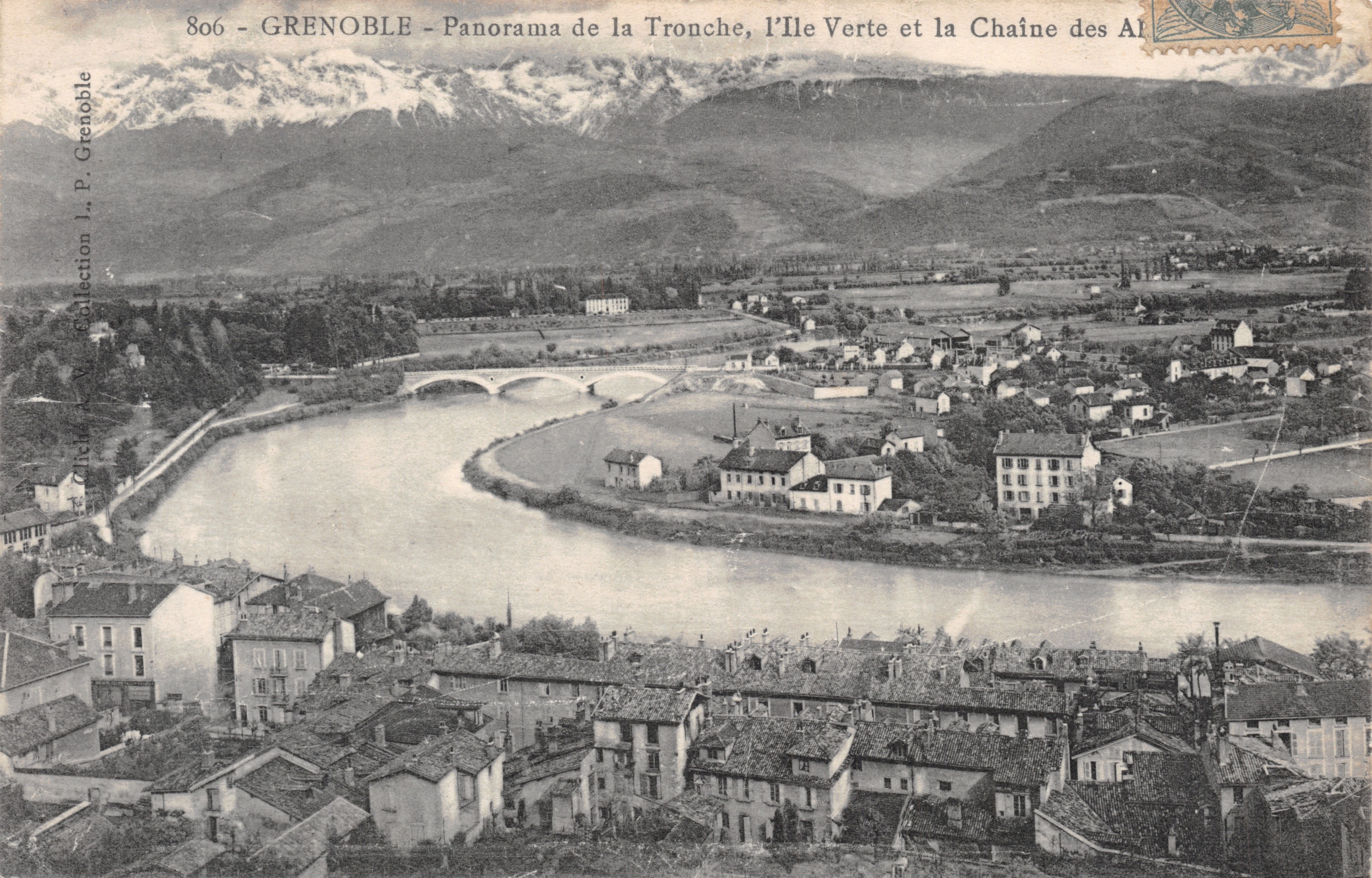 Grenoble — Panorama van de Tronche, de Groene Eiland en de Alpenketen — J. P. Grenoble, nr. 806