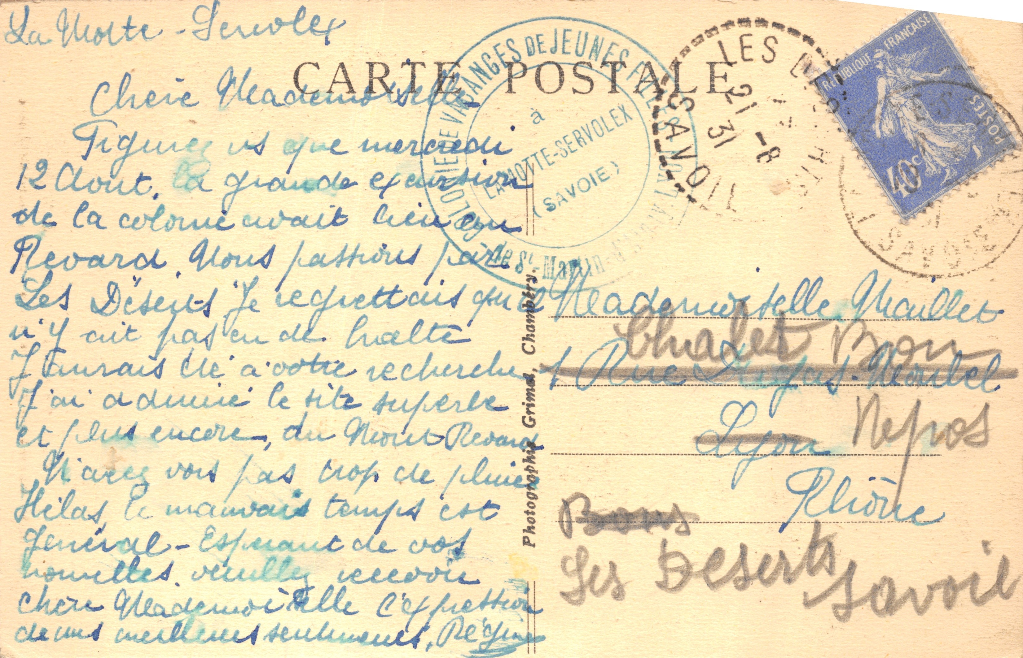 La Cascade de Coux — Chambéry — Éditeur LA SAVOIE TOURISTIQUE, n° 1048 — Verso