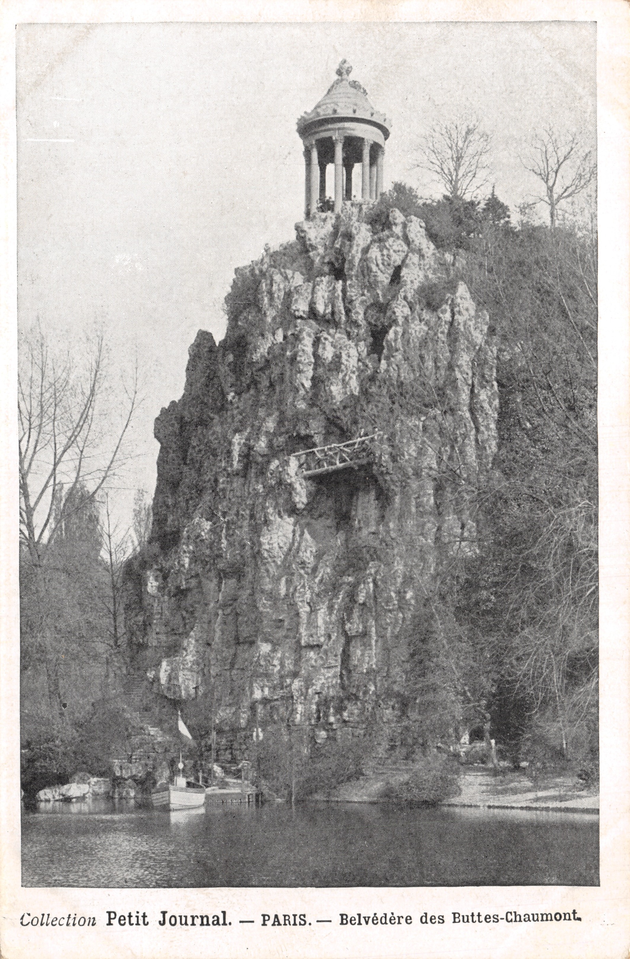 Belvedere of Buttes-Chaumont — view from the belvedere on rock with bridge — Collection Petit Journal