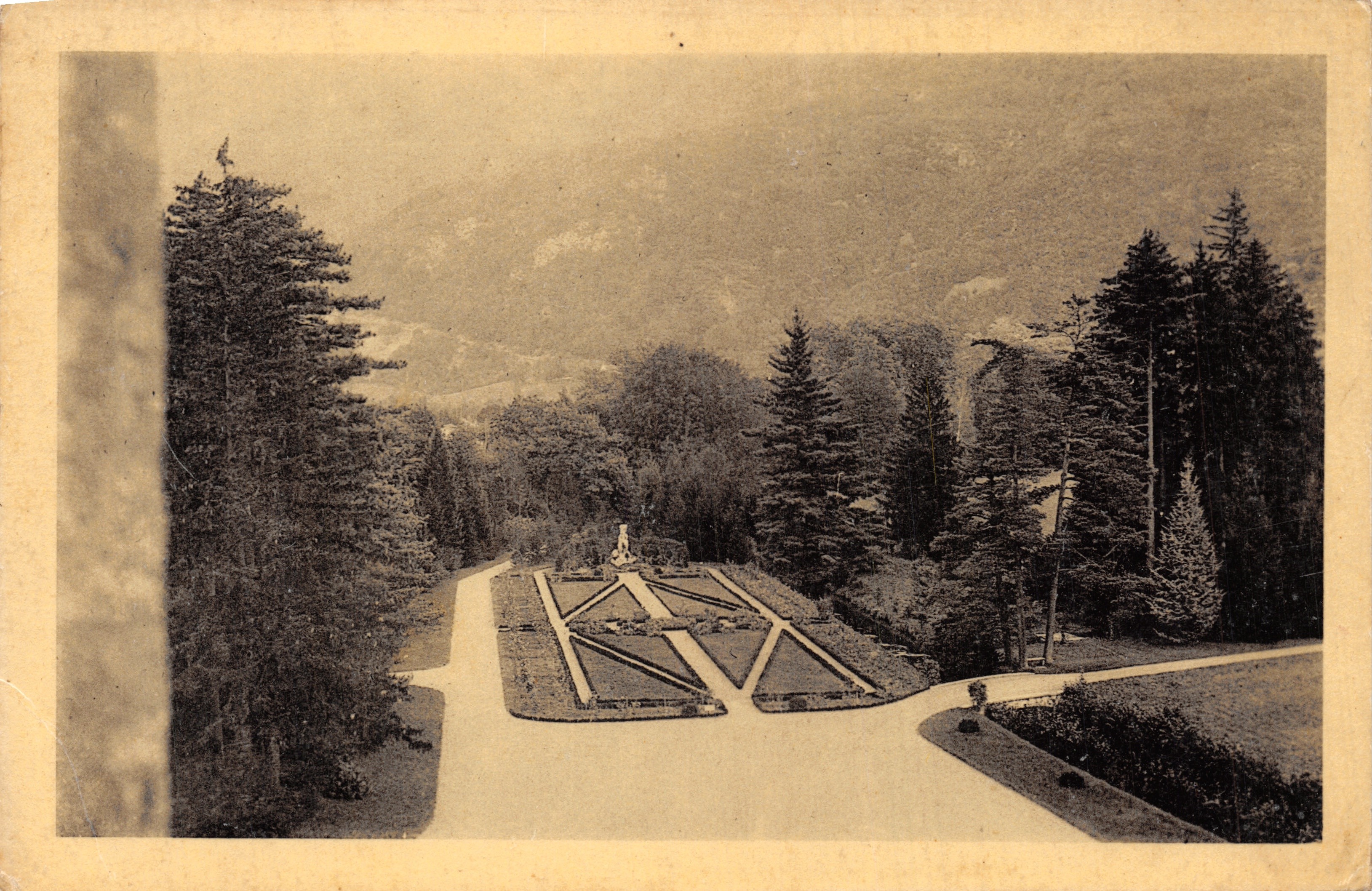 Garden of the Château de Vizille — perspective view with central statue — Edition des Monuments Historiques, Paris