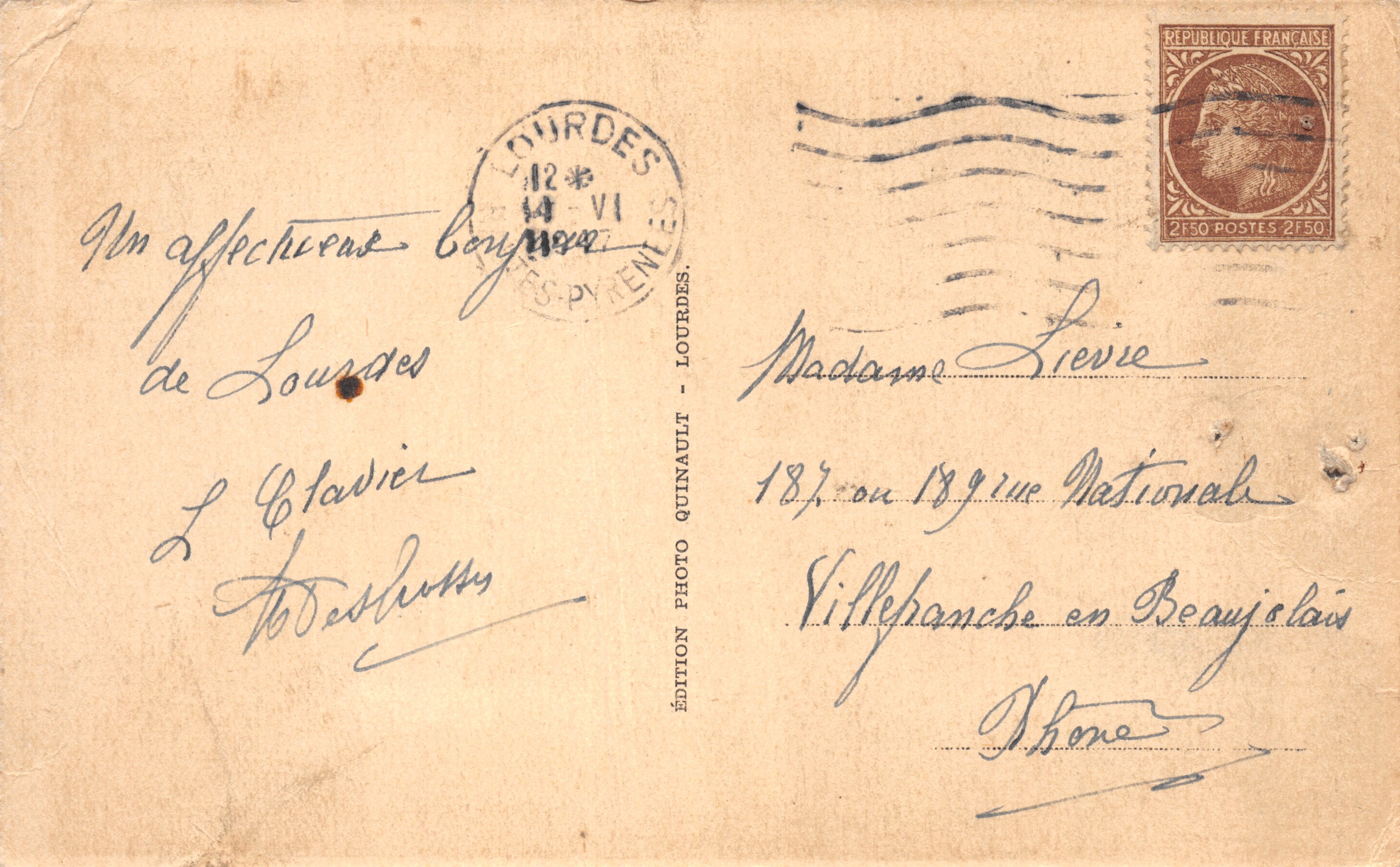 Lourdes — La Basilique et le Gave — Édition Lourdes Quinault, n°28 — Verso