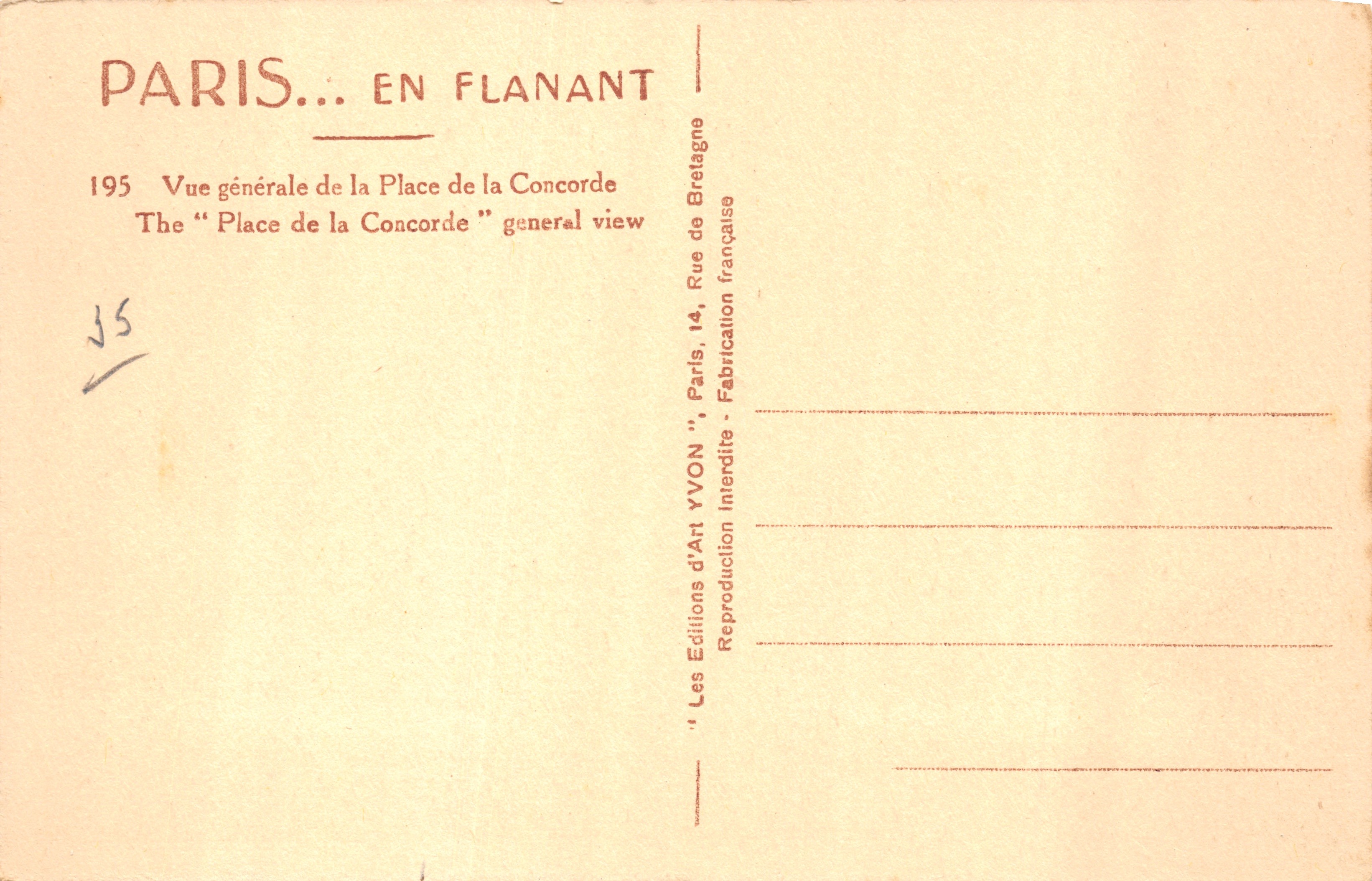 Place de la Concorde — vue générale avec colonne de la Concorde — éditeur VYVON, n° 195 — Back