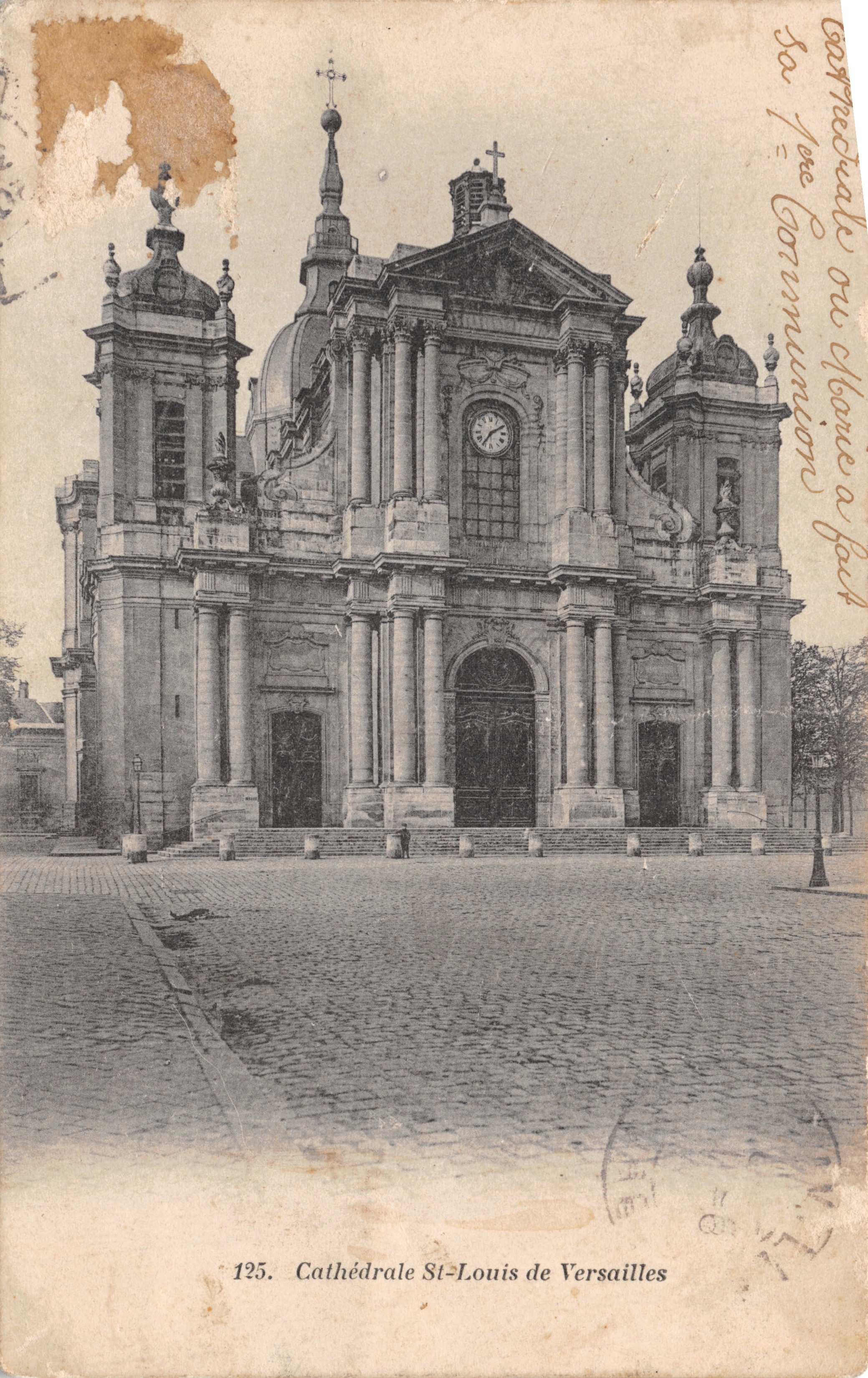 Catedral de San Luis de Versalles — fachada barroca con reloj — editor J. Bellamy Versalles, n.º 125