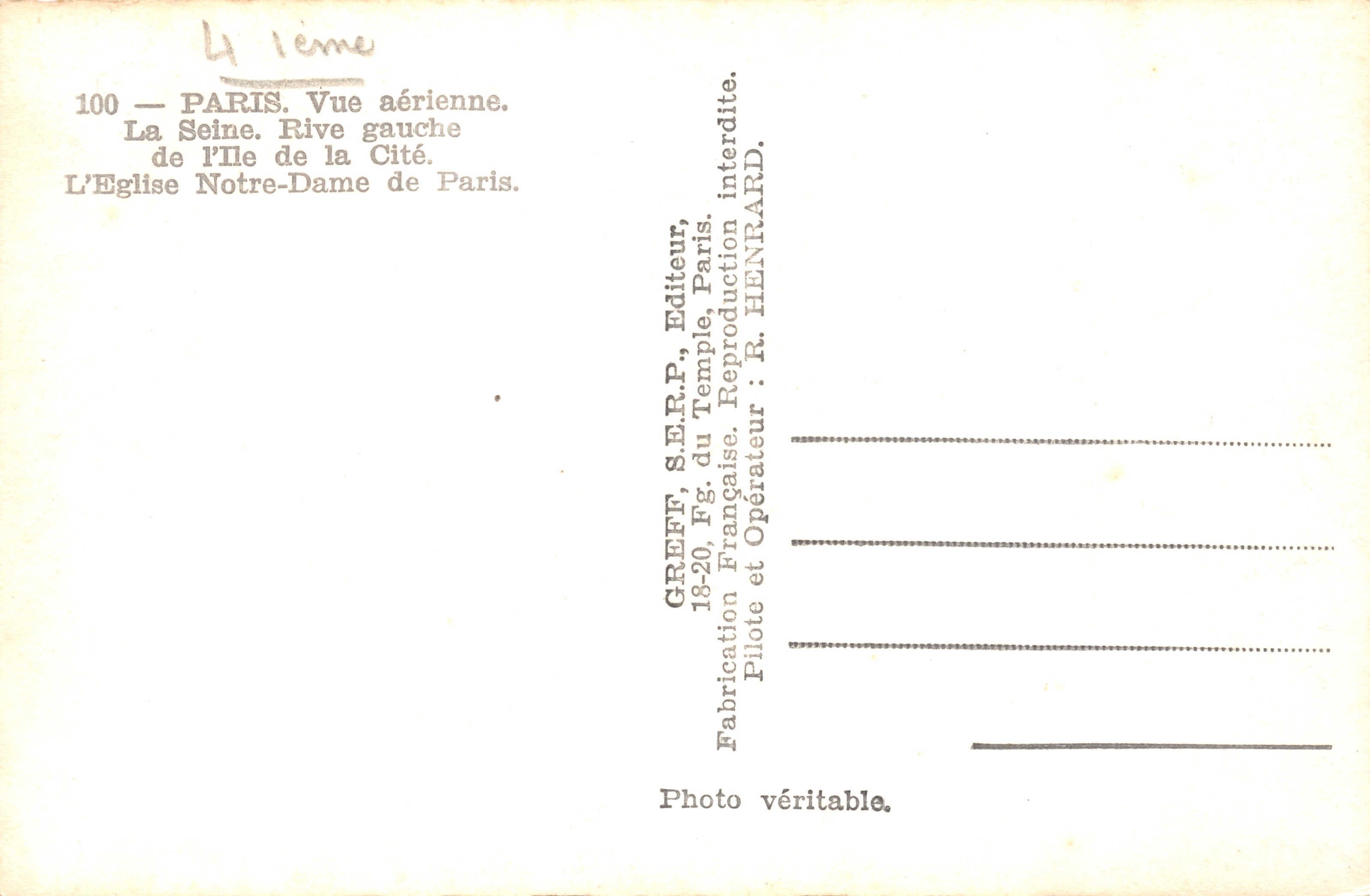 Paris — Vue aérienne de la Seine, rive gauche, l'Île de la Cité et Notre-Dame — Greff, S.E.P. du Temple, Paris — Verso