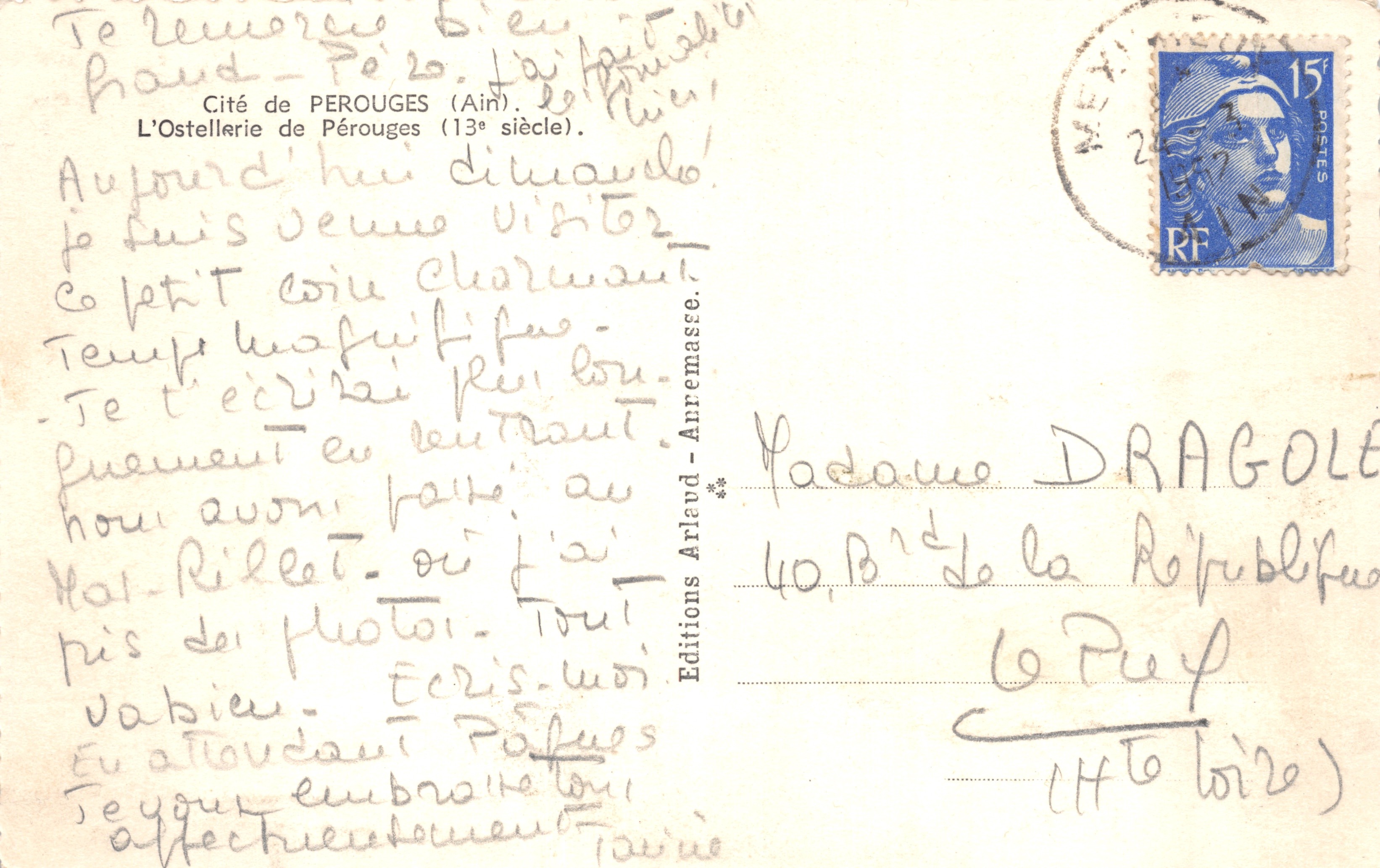 Pérouges — Vista de la L'Ostellerie del siglo XIII — Éditions Arland-Anremasse — Reverso
