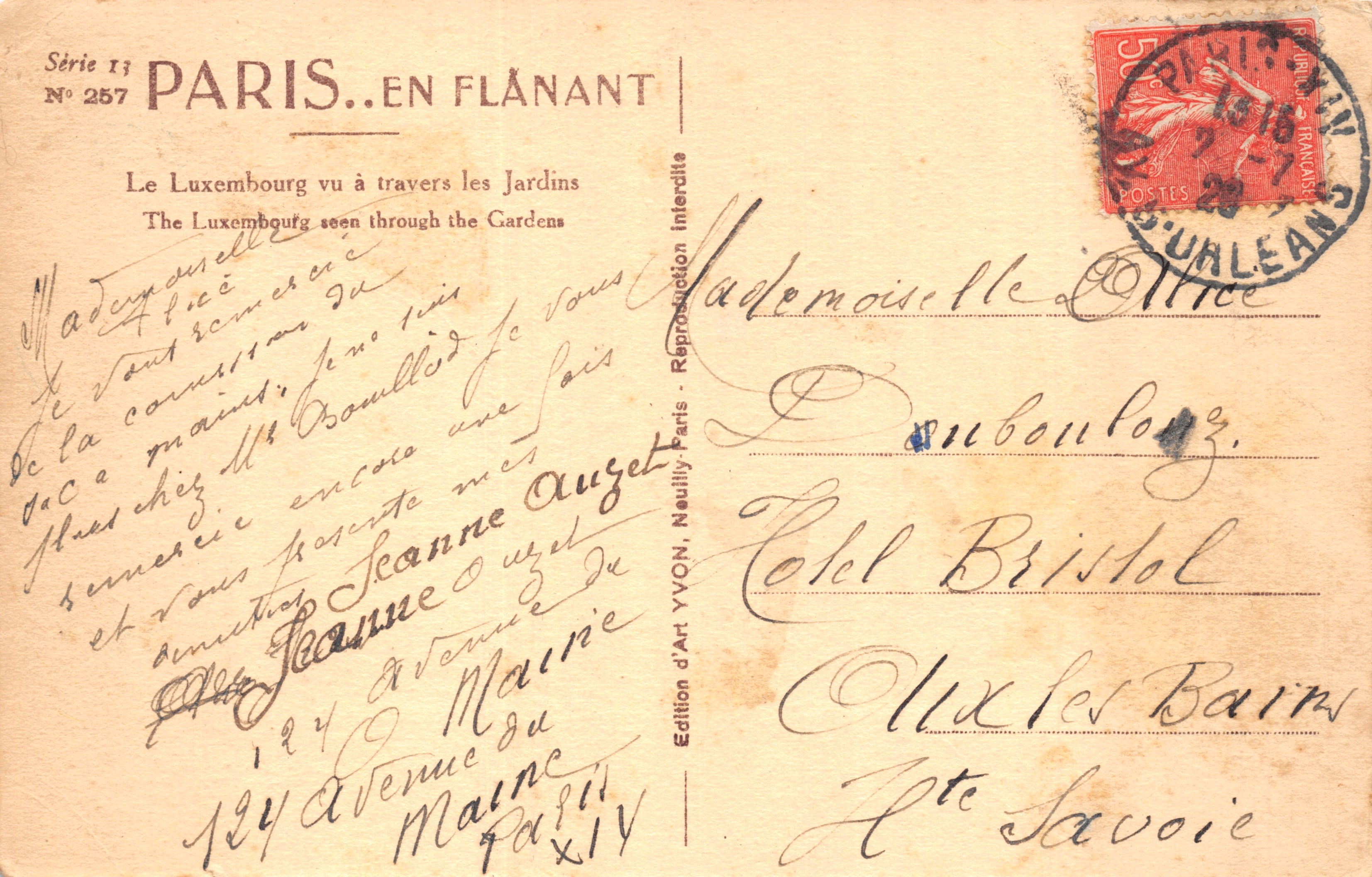 Le Luxembourg vu à travers les Jardins — statue au centre d'un parterre, bâtiment classique en arrière-plan — Édition d'Art YVON, Paris, N° 257 — Reverso