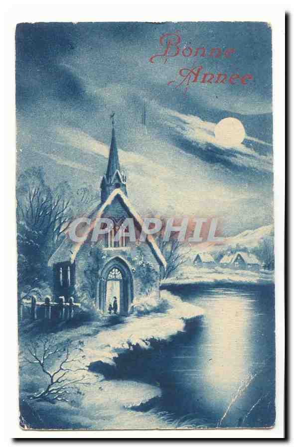 Église sous la lune — Bonne Année — éditeur inconnu