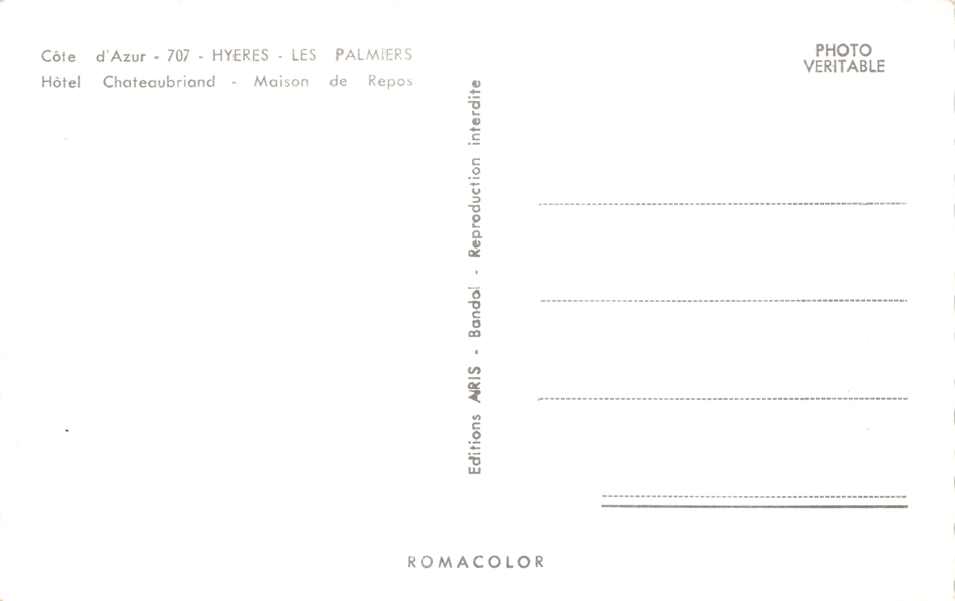 Hotel Chateaubriand — Casa di Riposo — Hyères - Les Palmiers — Editions ARIS — Verso