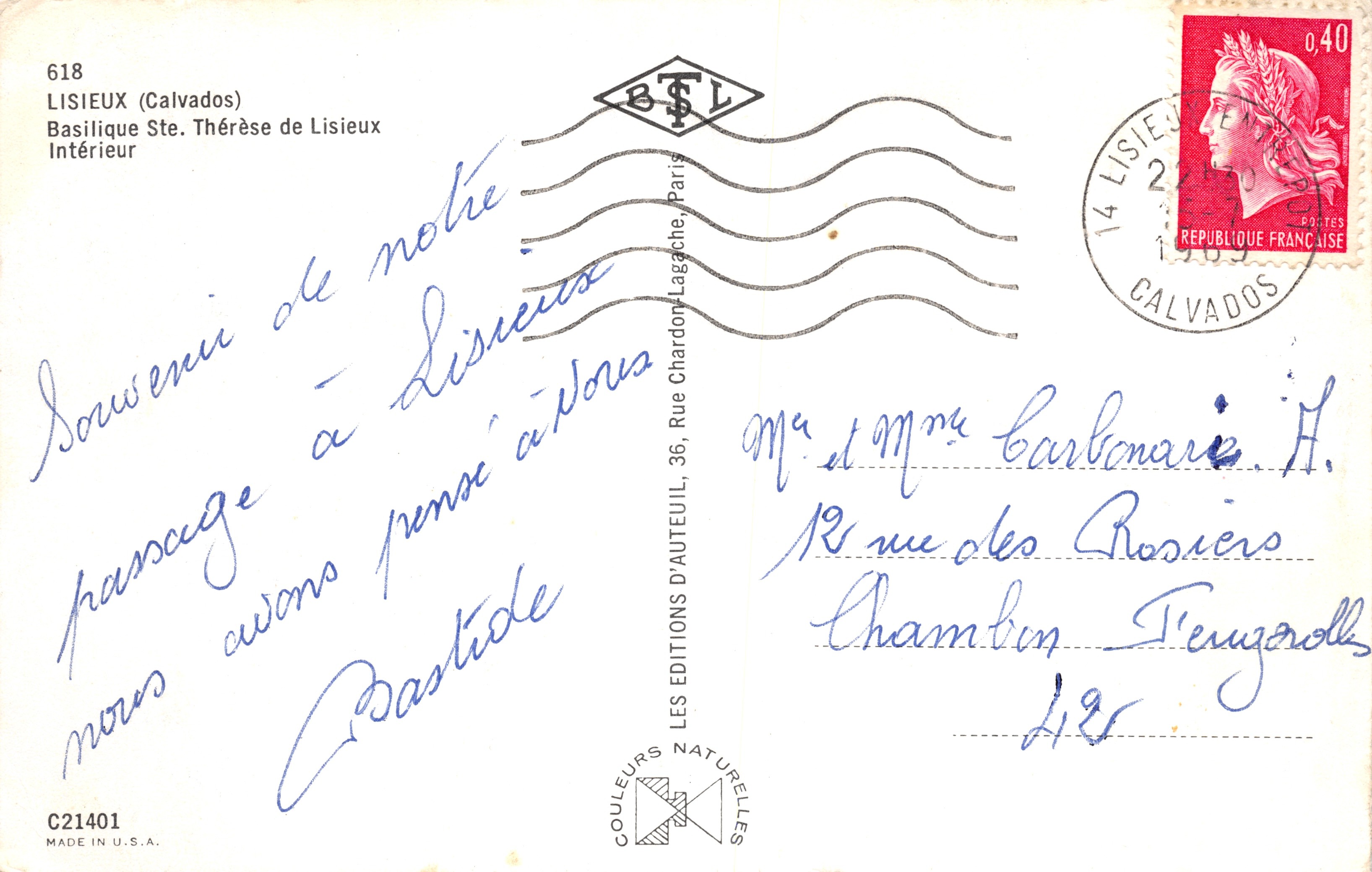 Basílica de Santa Teresa de Lisieux — Interior — Editor: Les Éditions Naturelles, n.º 618 — Reverso