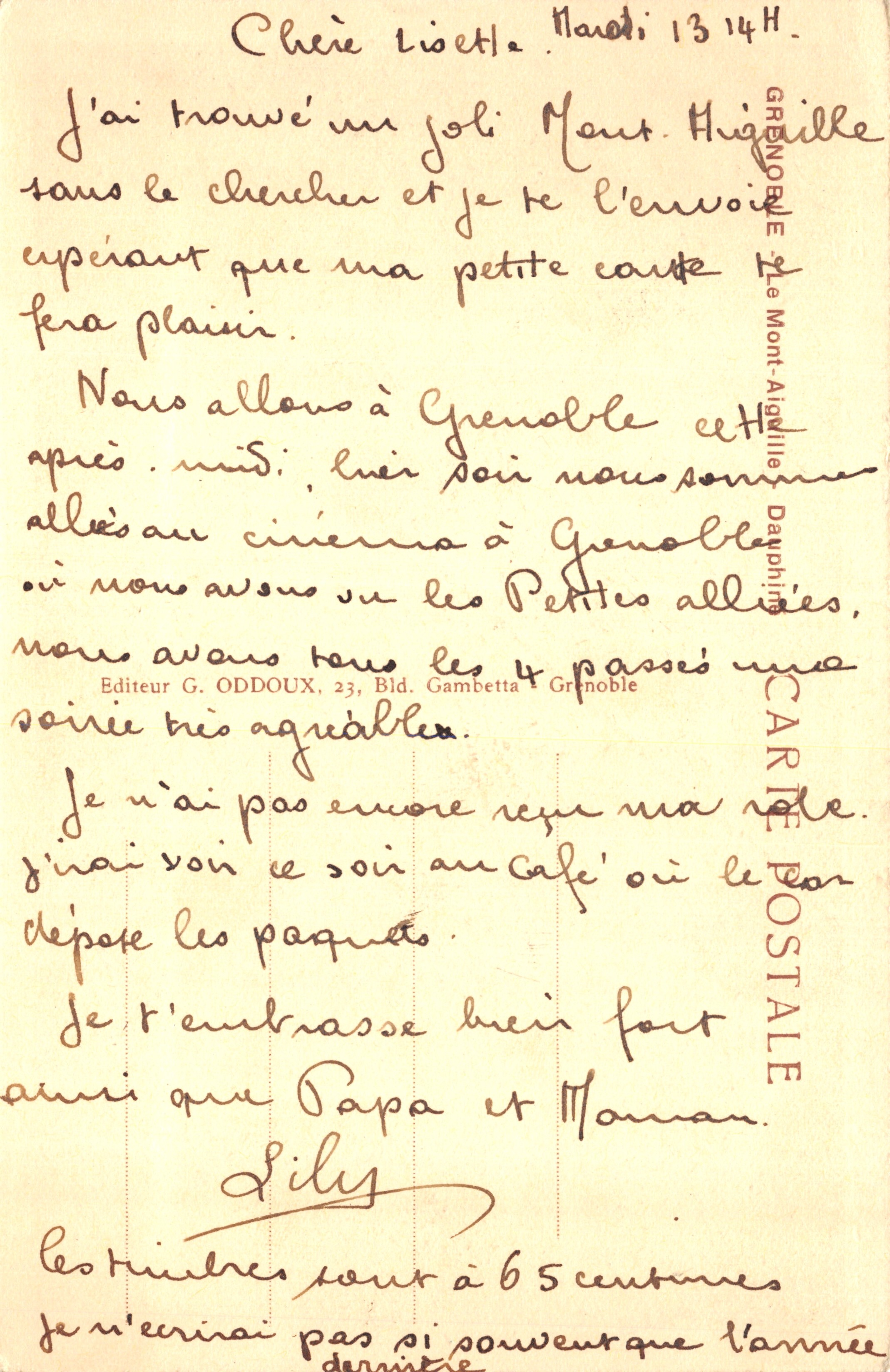 Mont Aiguille — vue panoramique — éditeur G. Oddoux, n°93 — Verso