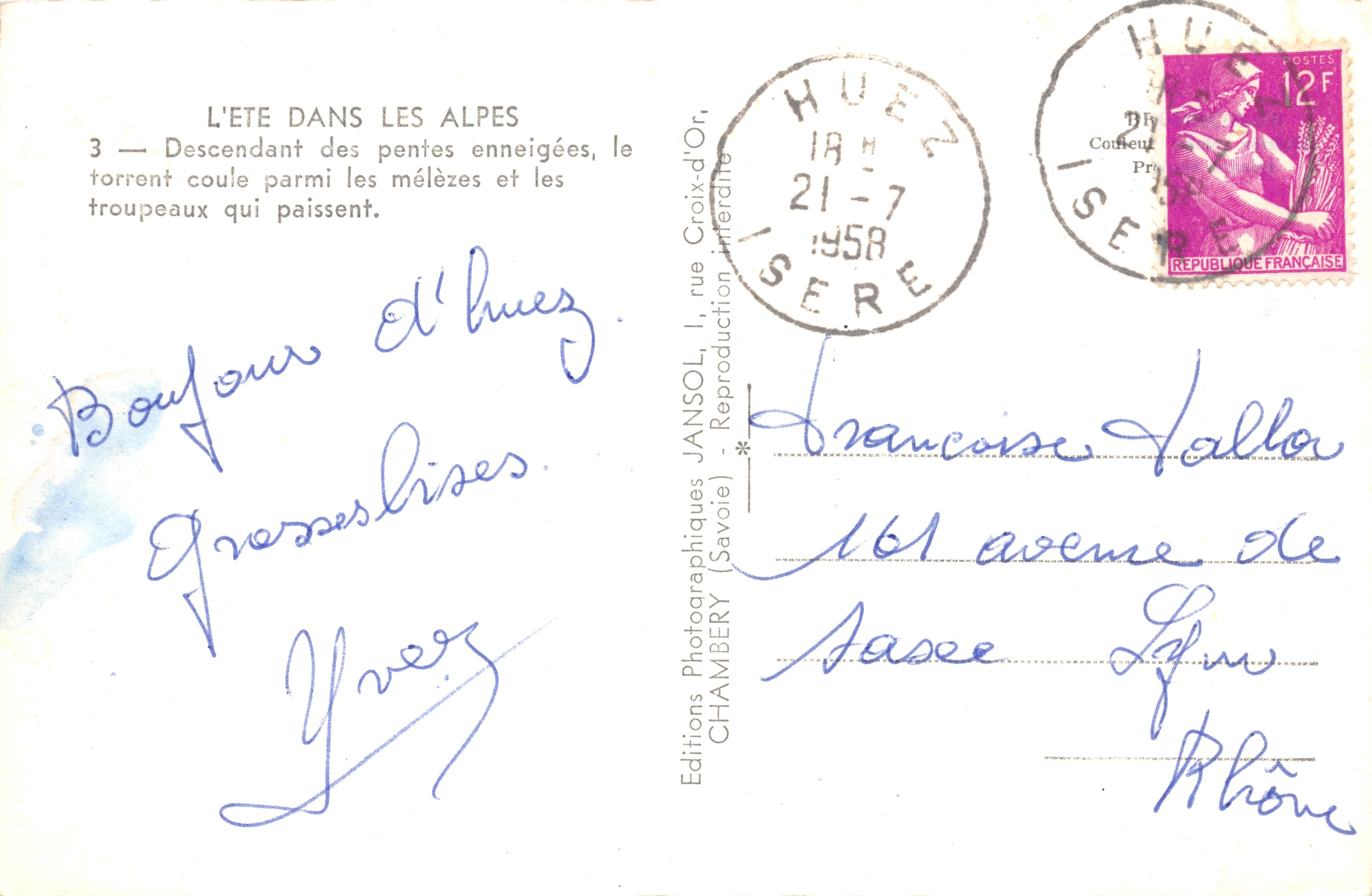 Zomer in de Alpen — afdaling van gesneeuwde hellingen, grazende koeien — JANSOL, rue Croix-d'Or, Chambéry (Savoie) — Achterkant