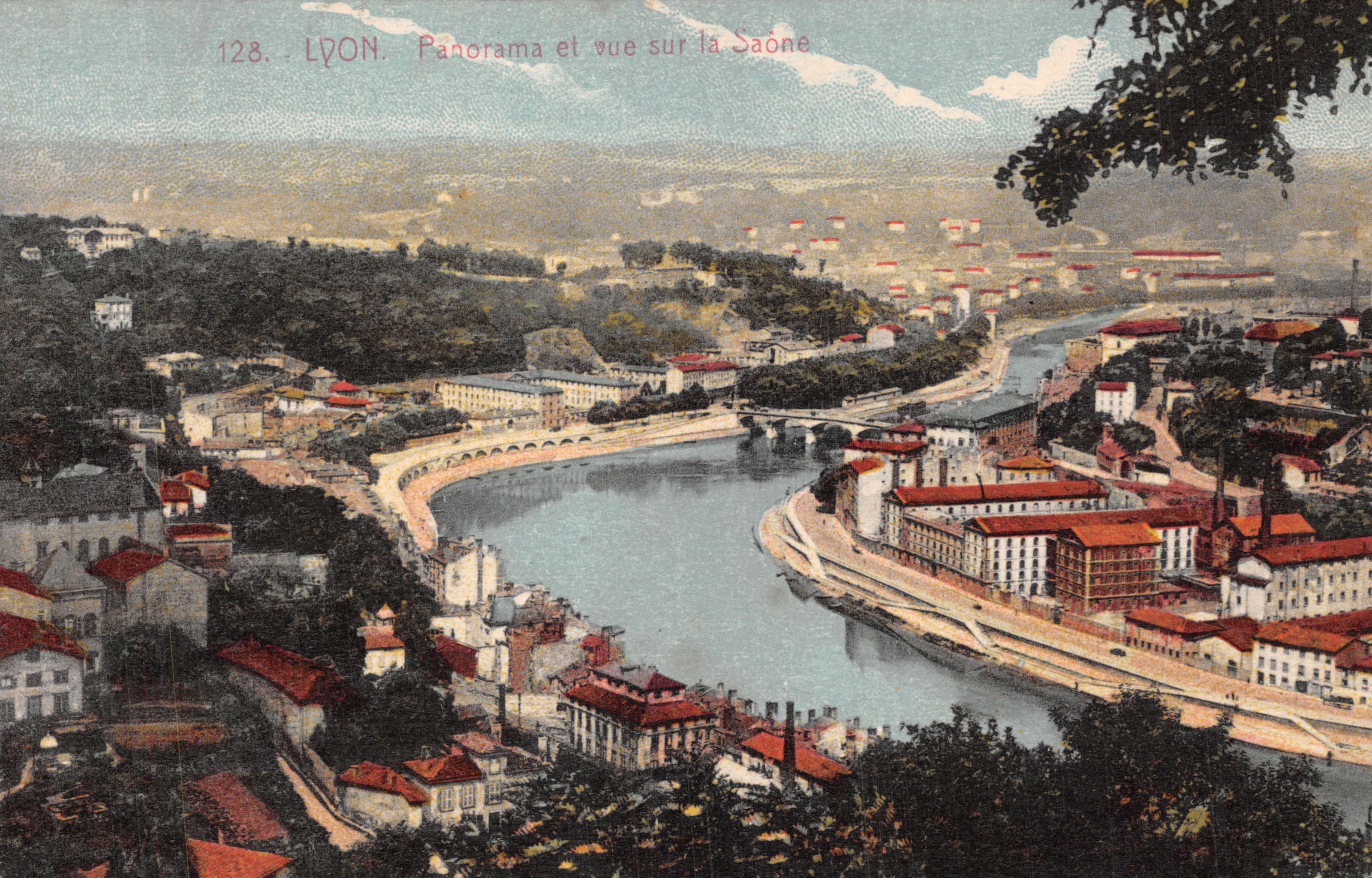Lyon. Panorama e vista della Saône — editore stampatore non visibile, numero di serie 128