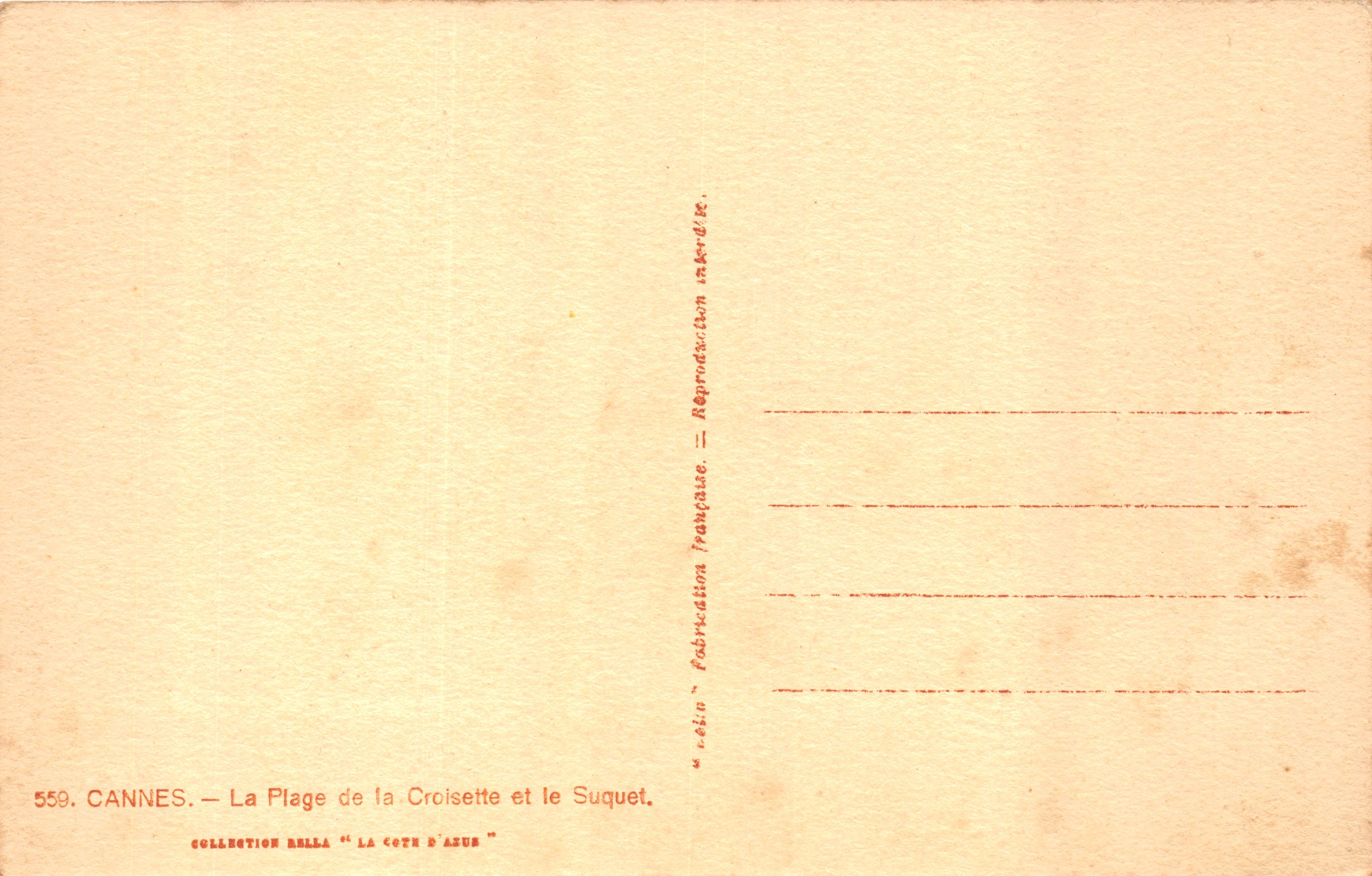 Cannes — La Plage de la Croisette et le Suquet — Éditeur Béla, Collection 'La Côte d'Azur', n° 559 — Verso