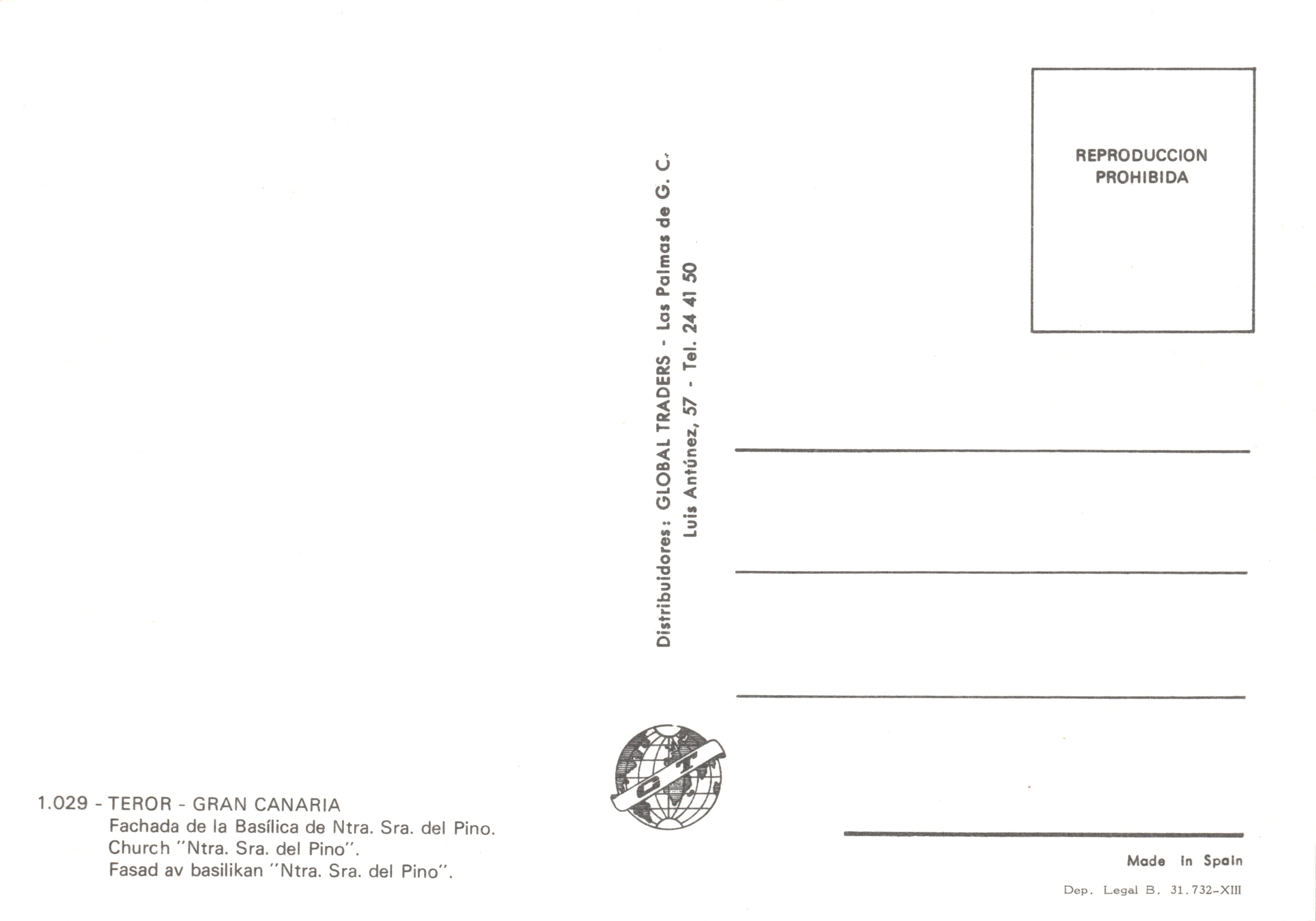 Chiesa di Nuestra Señora del Pino — facciata e campanile — editore GLOBAL TRADERS, n. 1.029 — Verso