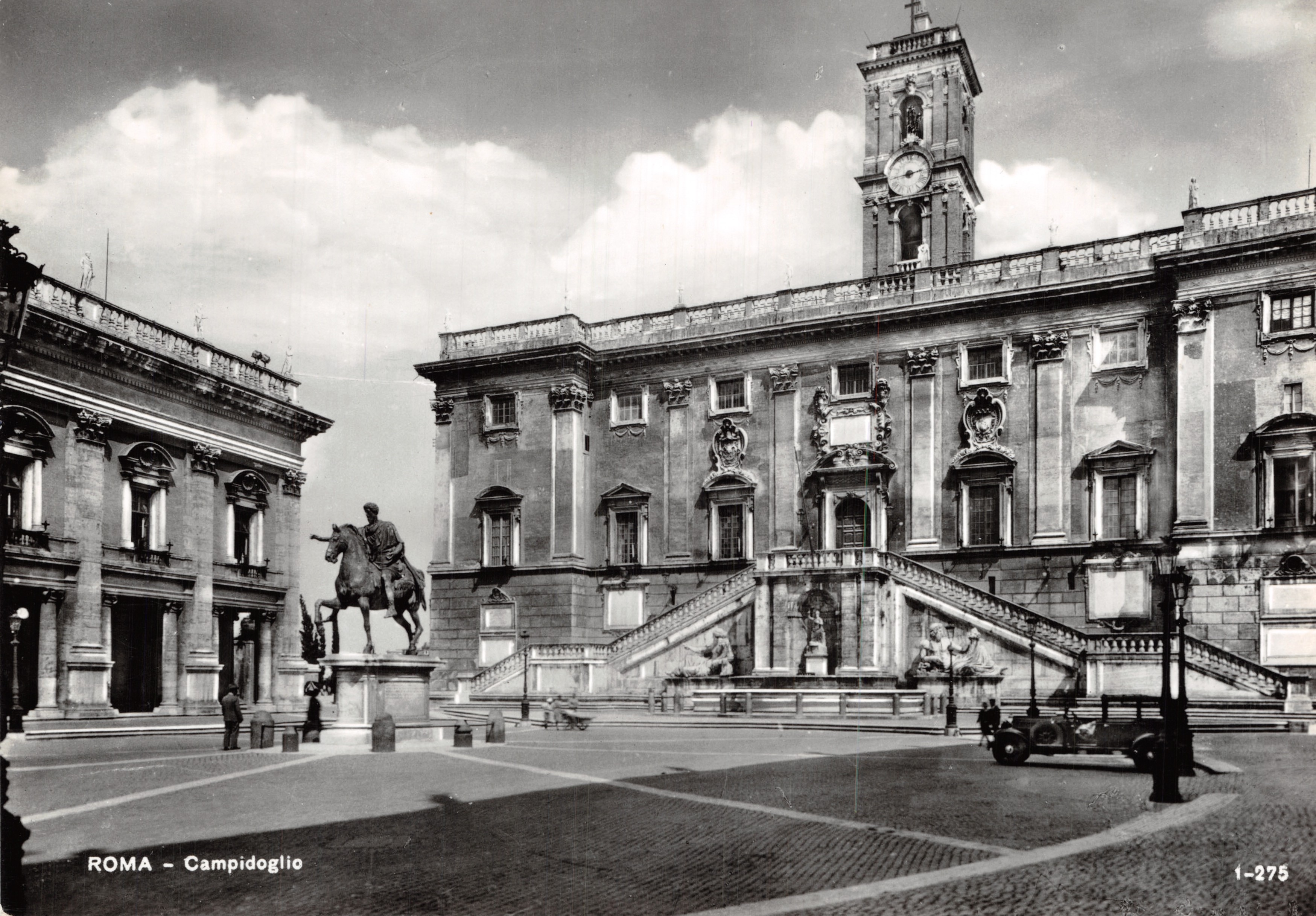 Roma - Capitoline — vista del Palazzo Senatorio con statua equestre e orologio, editore Brunner & C. n° 1-275