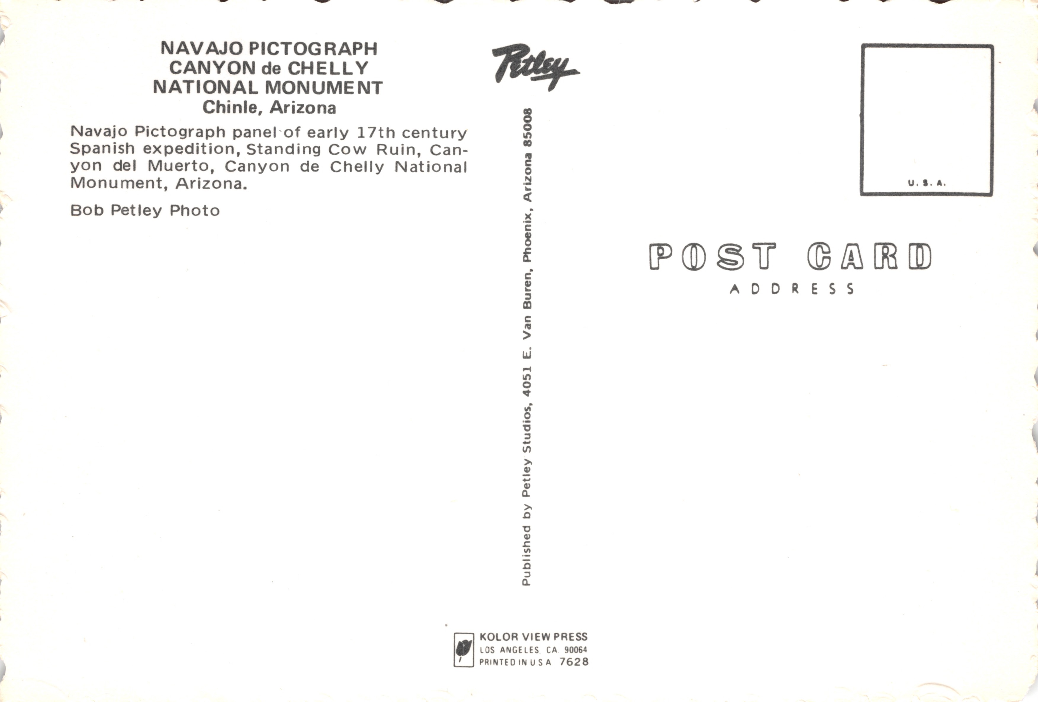 Pictogramas navajos — panel de la expedición española del siglo XVII — editor Petley, n.º 5008 — Reverso